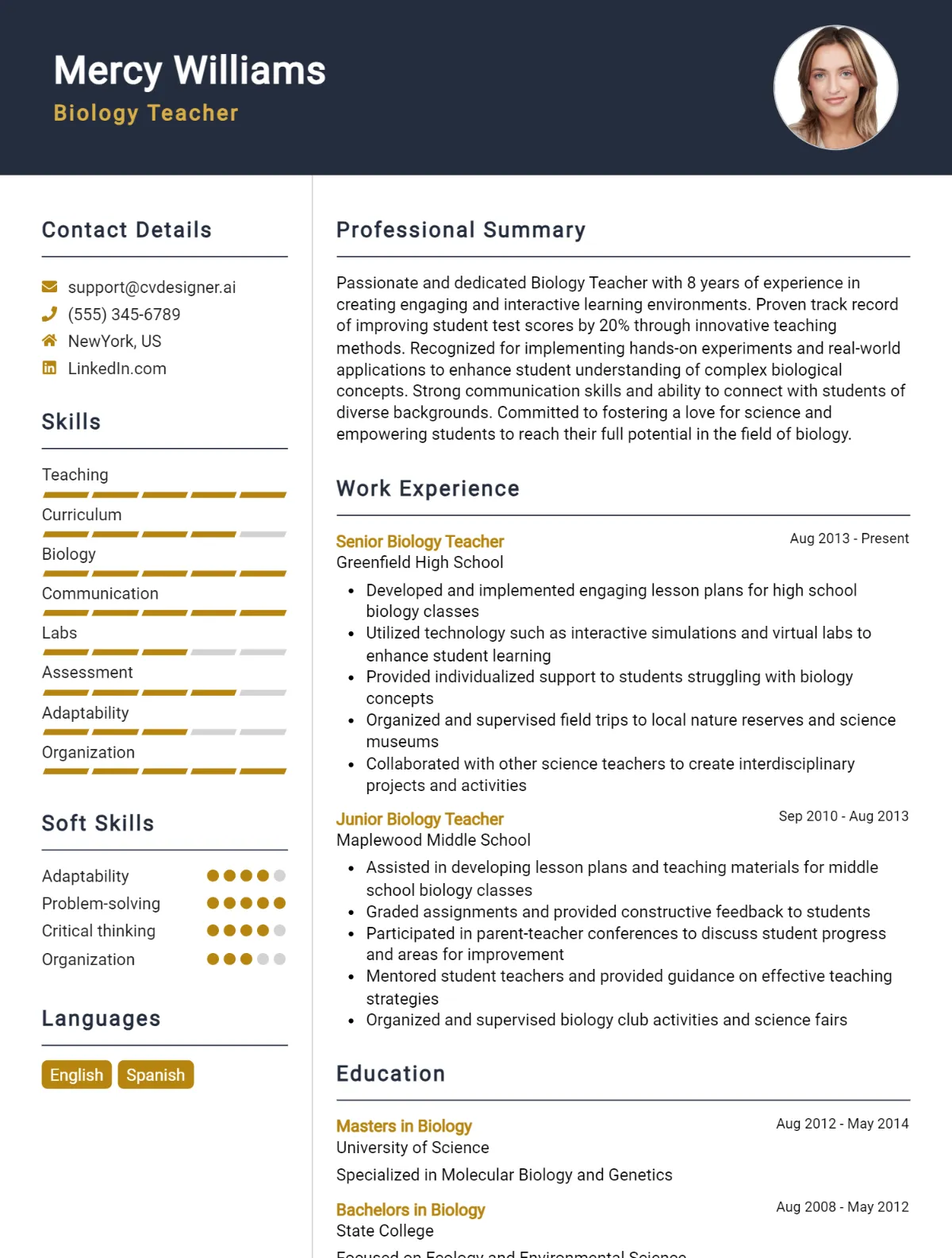Biology Teacher CV Example For 2026: Top CV Skills Preview