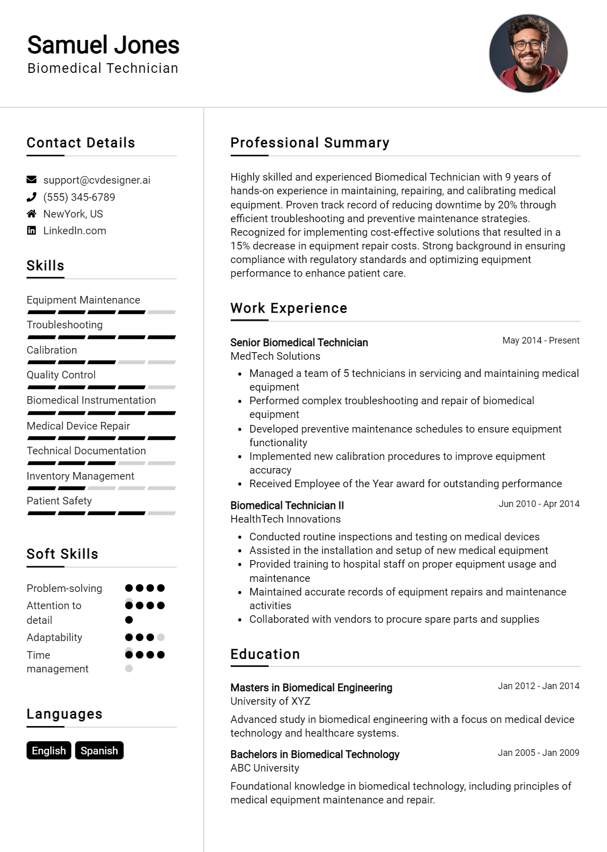 Biomedical Technician Resume Example for 2026: Effective CV Writing Tips Preview