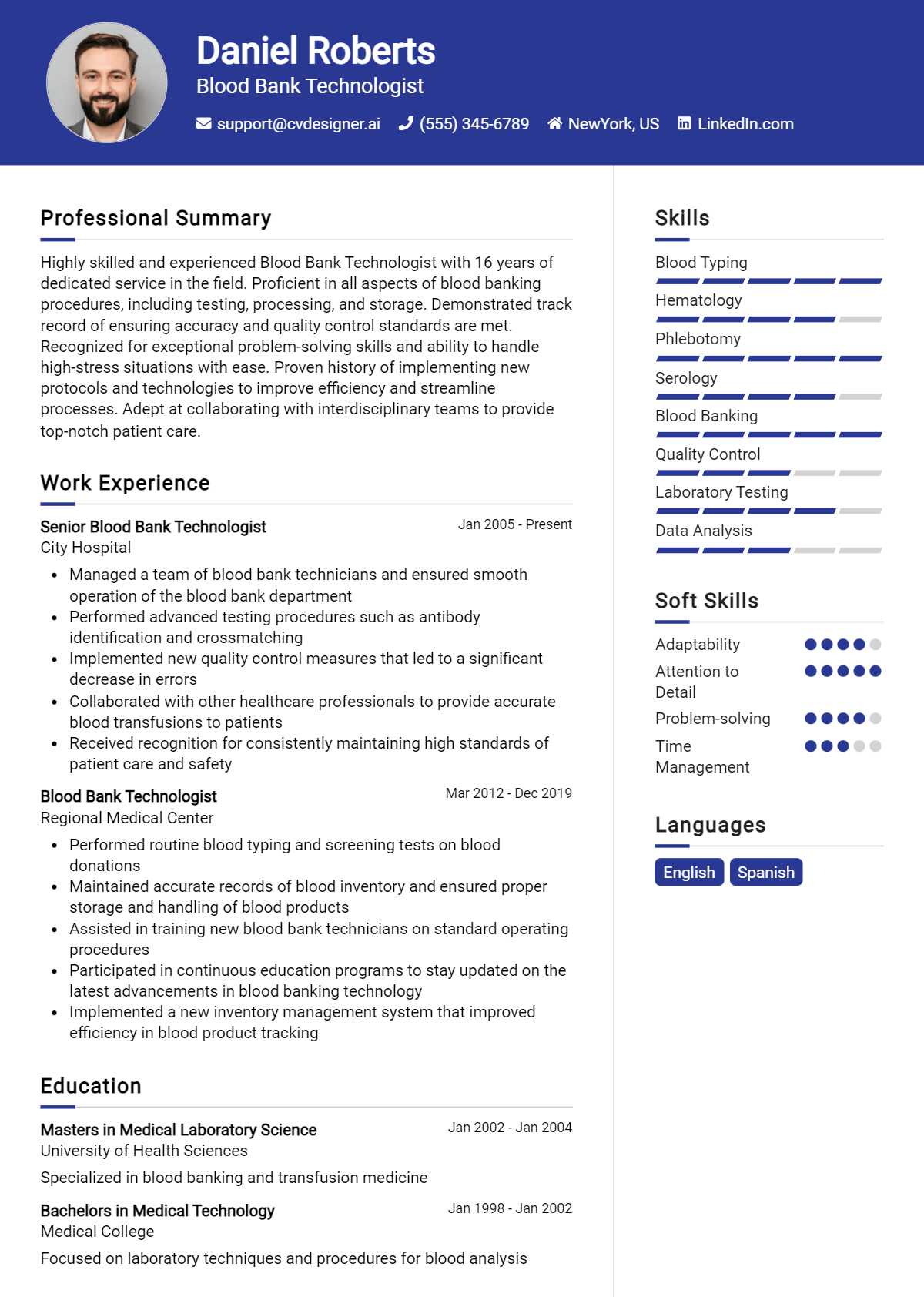 Blood Bank Technologist Resume Example for 2026: Strategies & Templates Preview