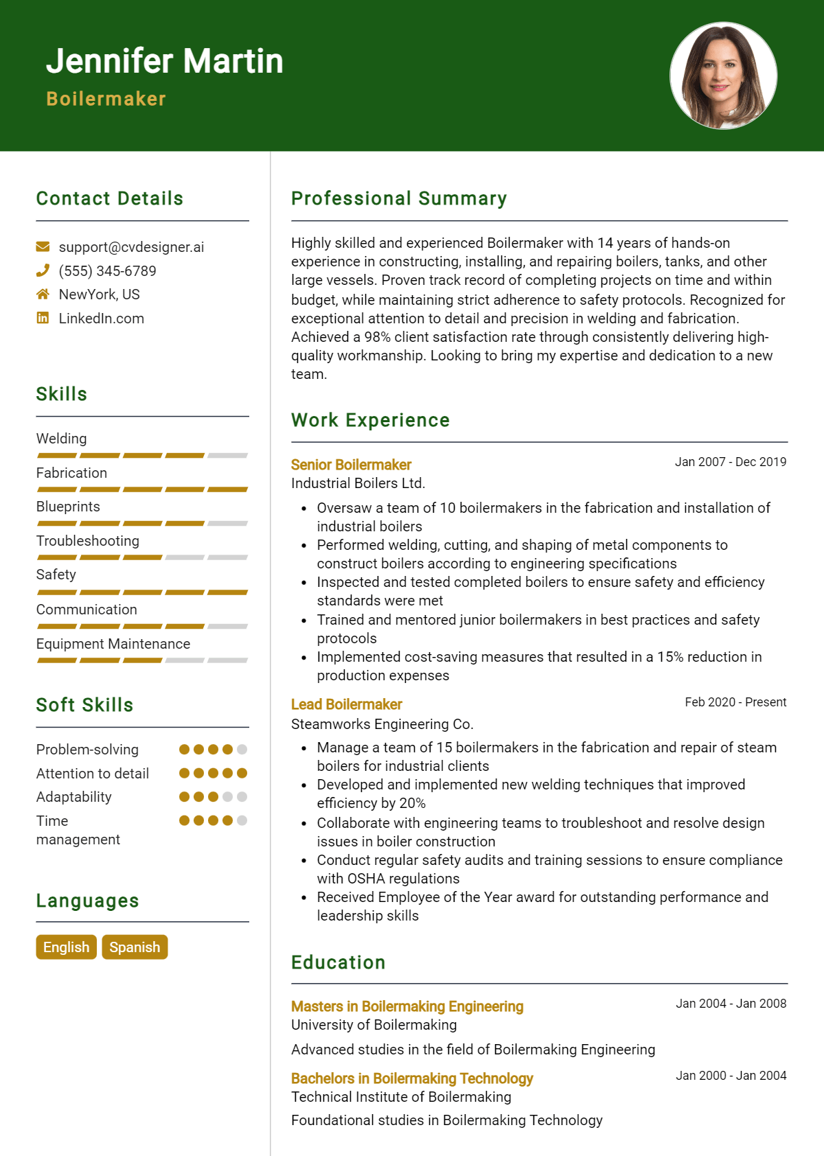 Boilermaker Resume Example for 2026: Professional CV Templates Preview