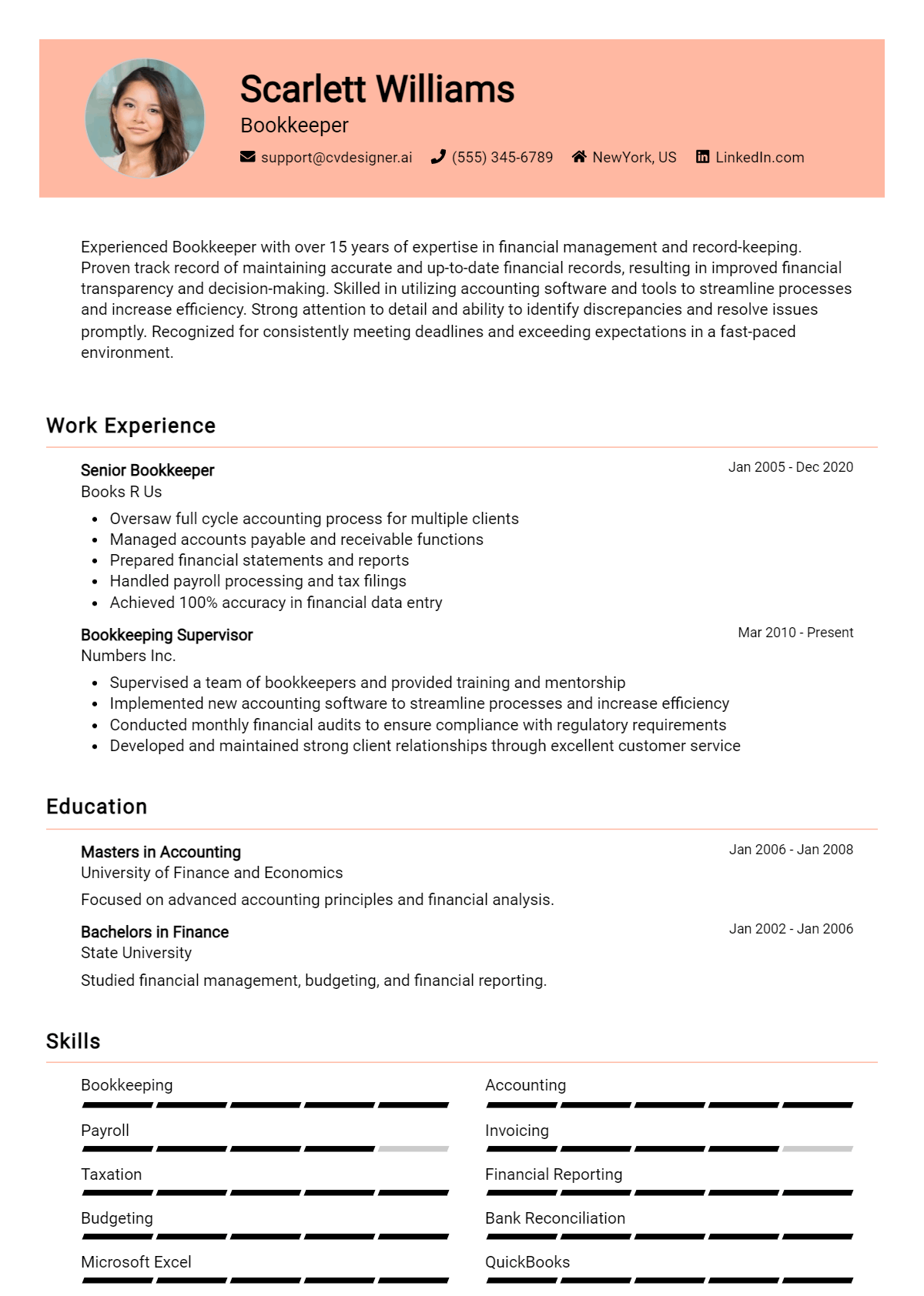 Bookkeeper Resume Example for 2026: Examples & Free Templates Preview