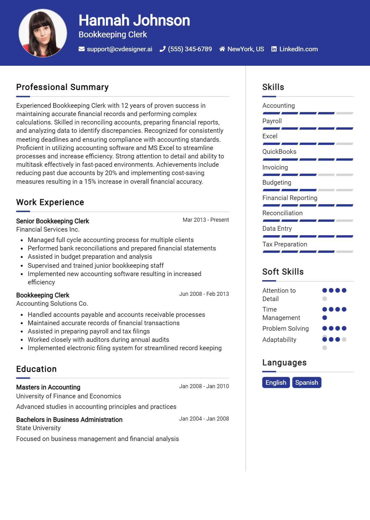 6 Bookkeeping Clerk Resume Examples for 2026: Free Downloadable Templates Preview