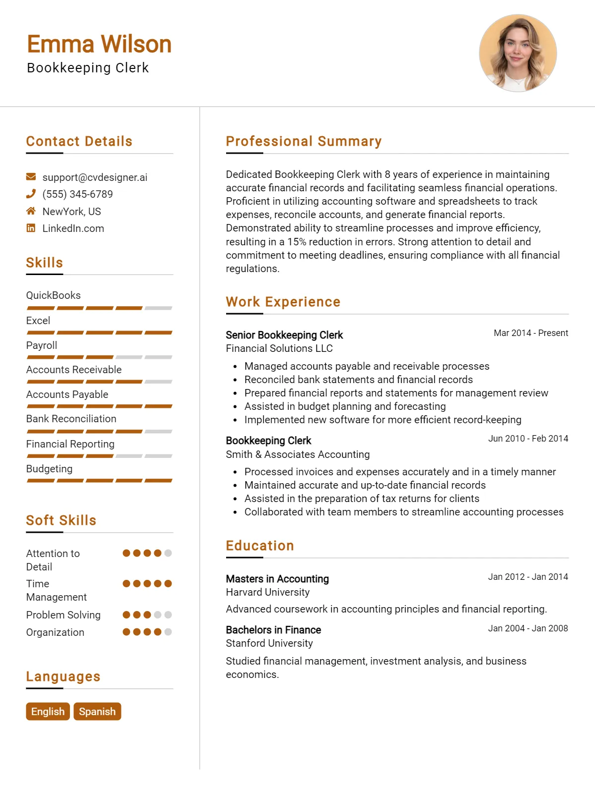 Bookkeeping Clerk CV Example & Templates for 2026 Preview