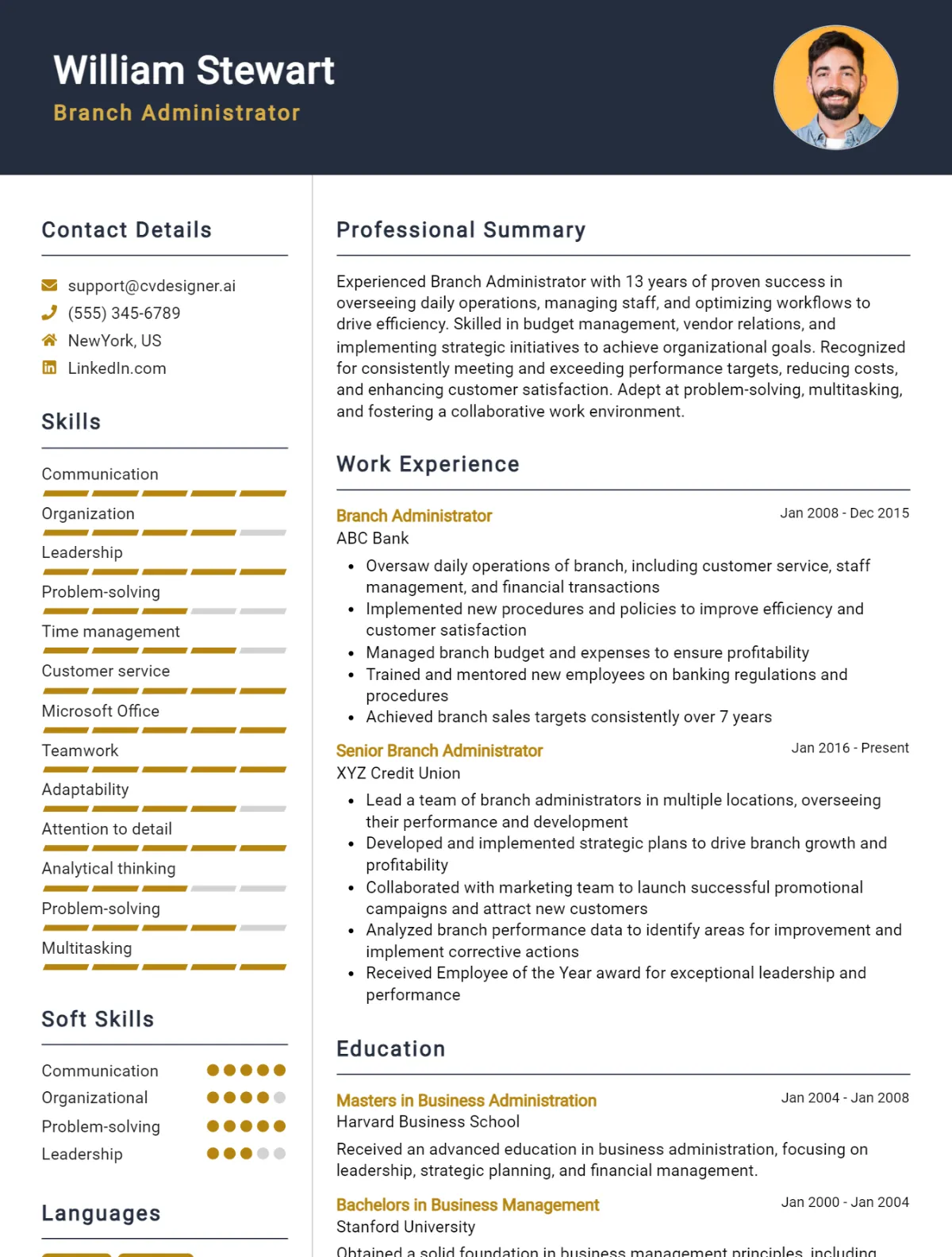 Branch Administrator CV Example For 2026: Professional CV Templates Preview