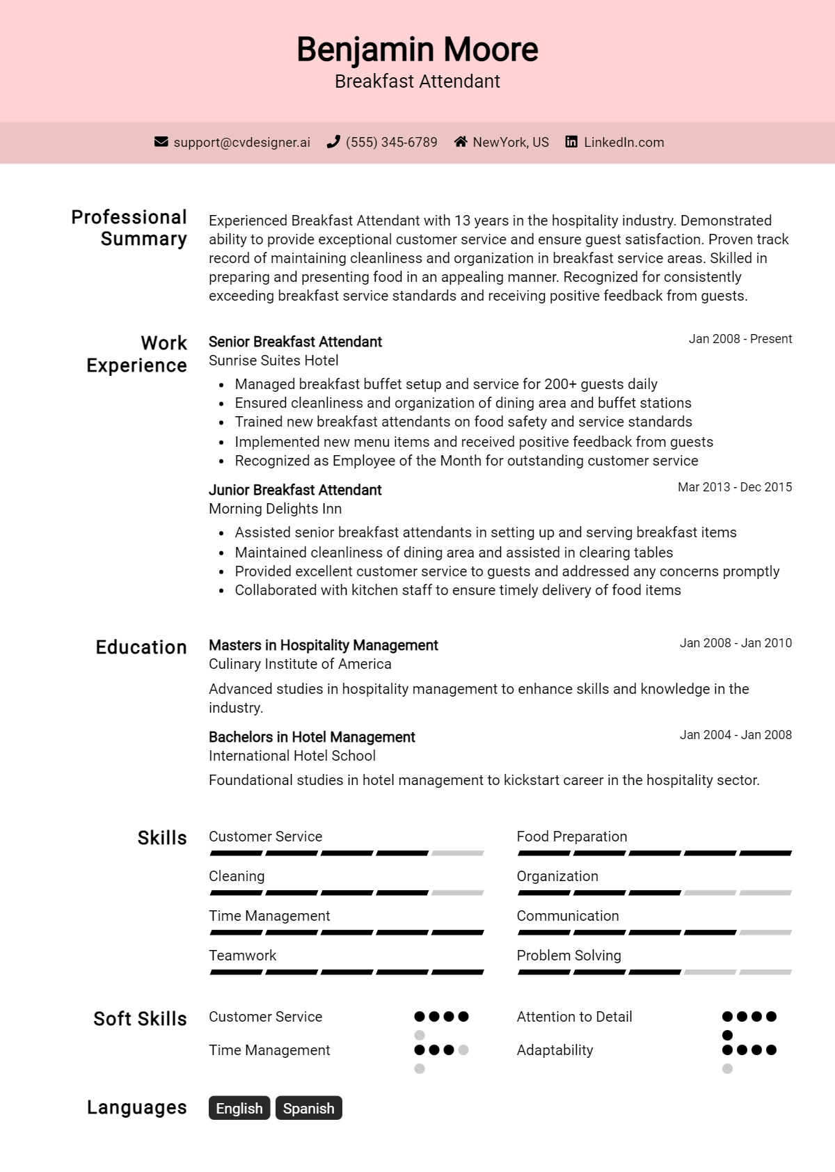 Breakfast Attendant Resume Example for 2026: How to Create a Professional CV Preview