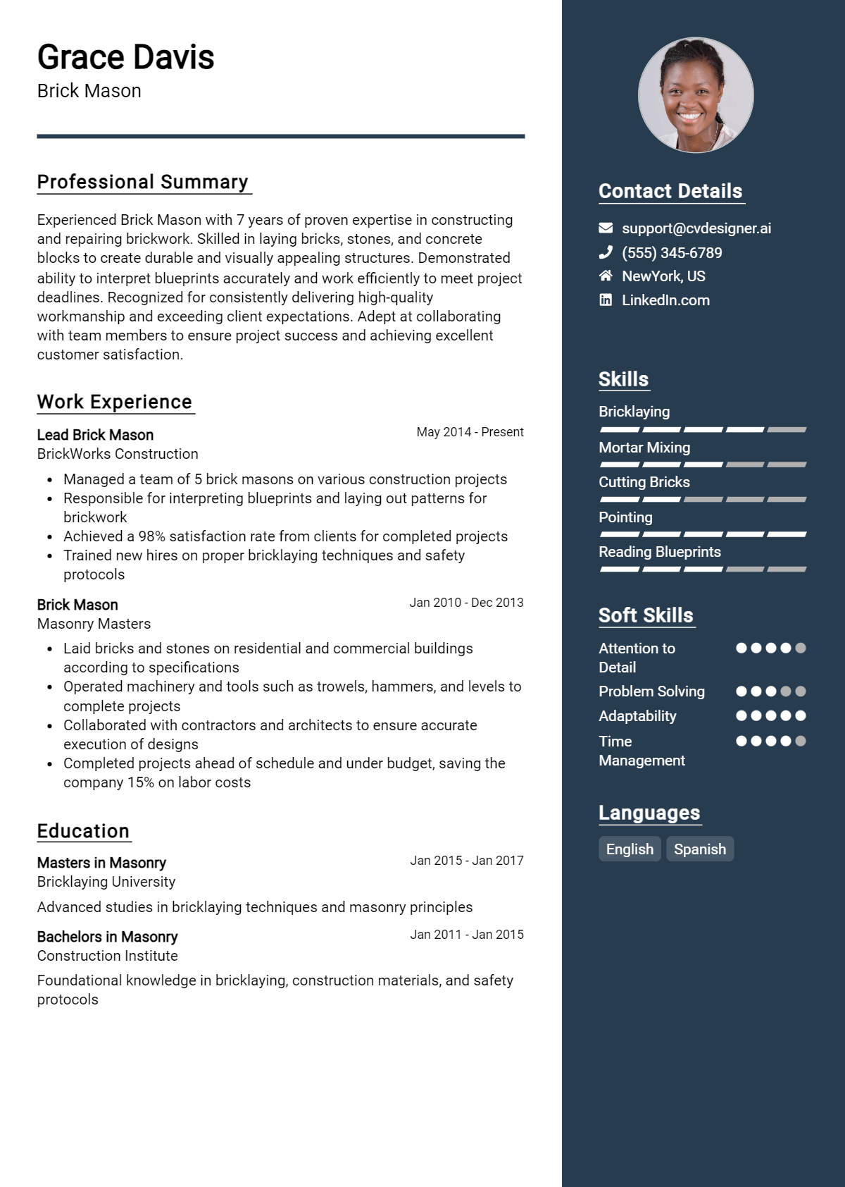 Brick Mason Resume Example for 2026: Examples & Free Templates Preview