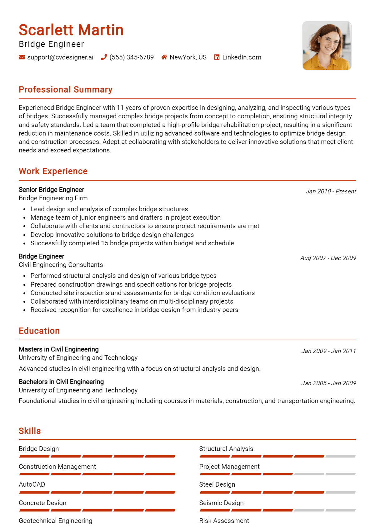 Bridge Engineer Resume Example for 2026: Professional CV Templates Preview