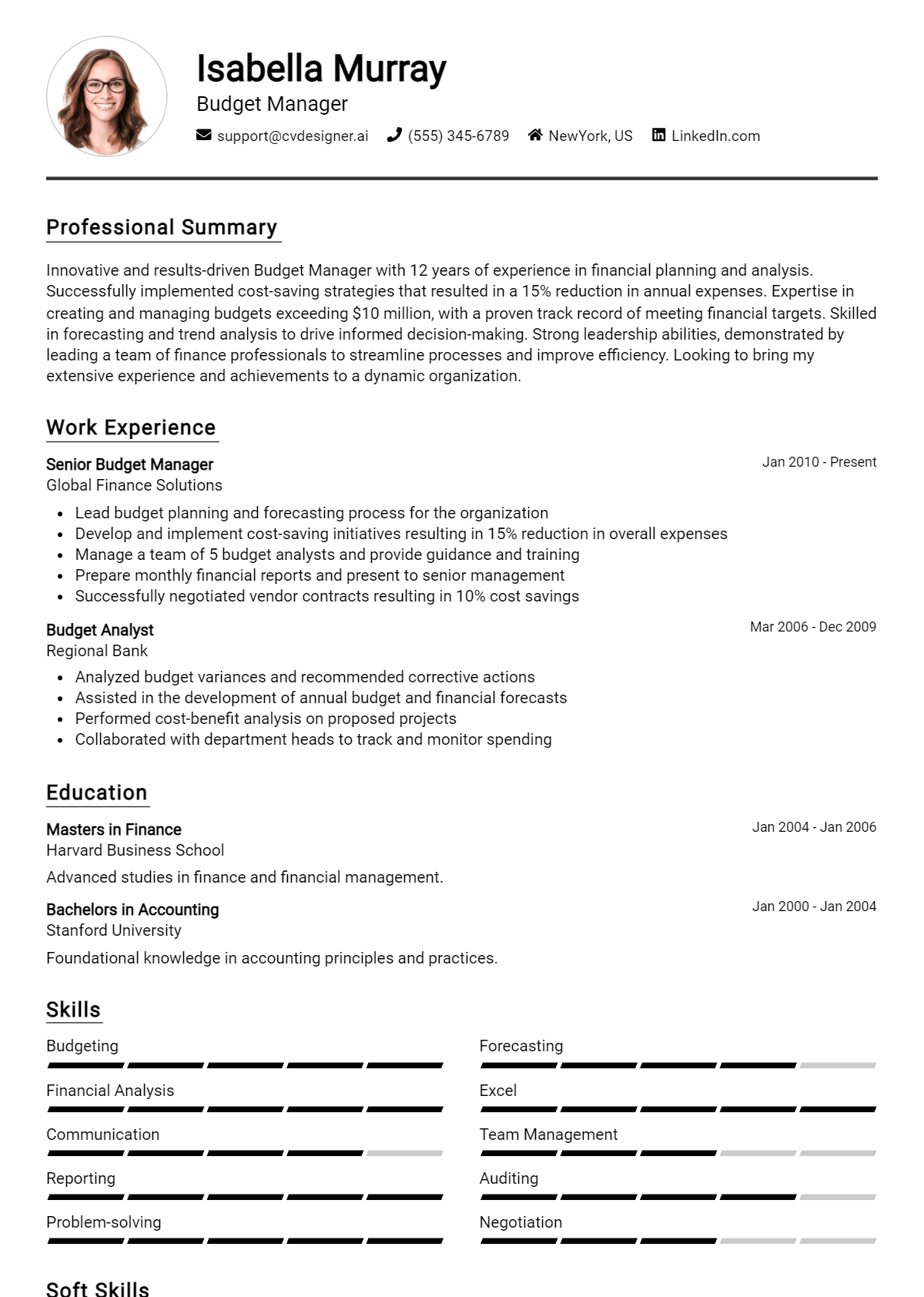 Budget Manager Resume Example for 2026: Professional CV Templates Preview