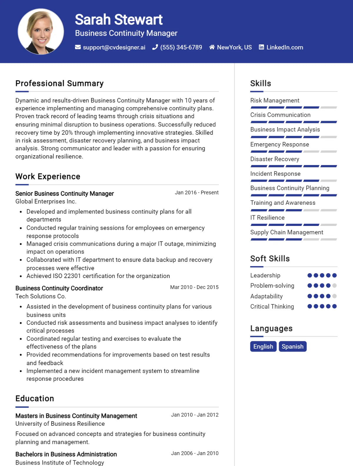 Business Continuity Manager CV Example For 2026: Best Tips & Templates Preview