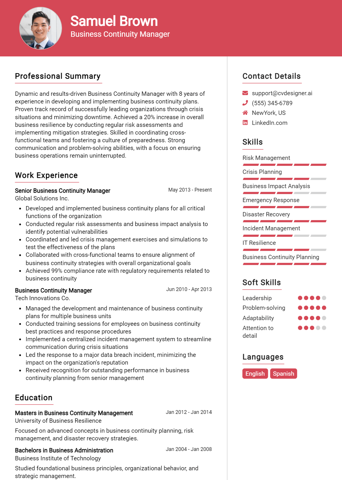 Business Continuity Manager Resume Example for 2026: Free Templates Preview