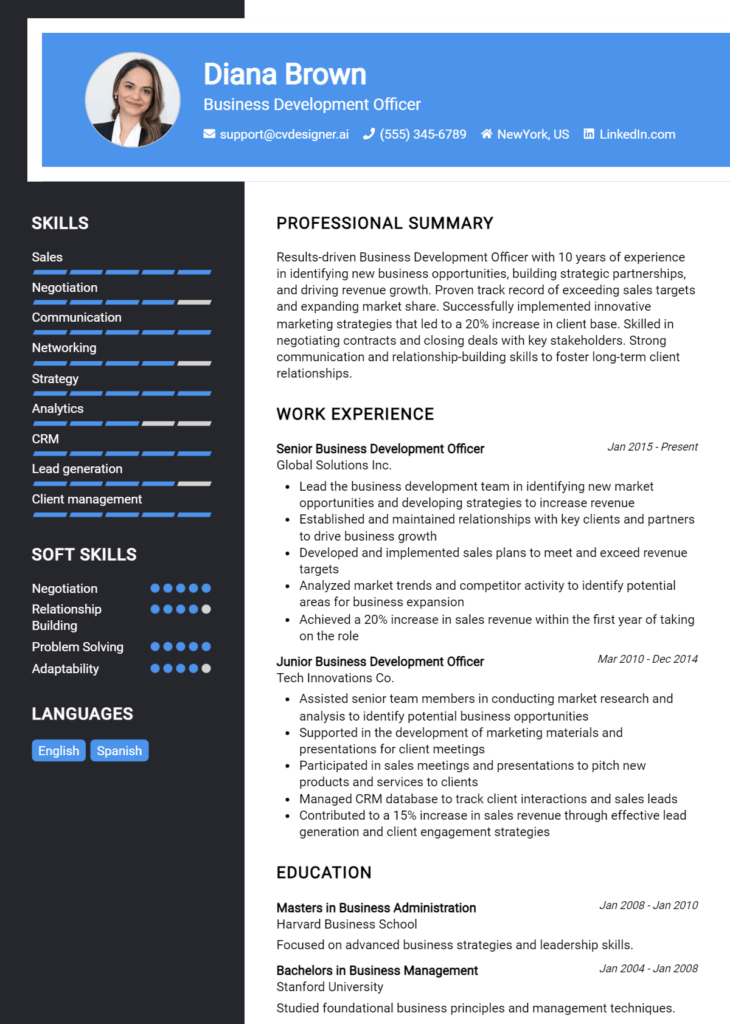 Business Development Officer Resume Example