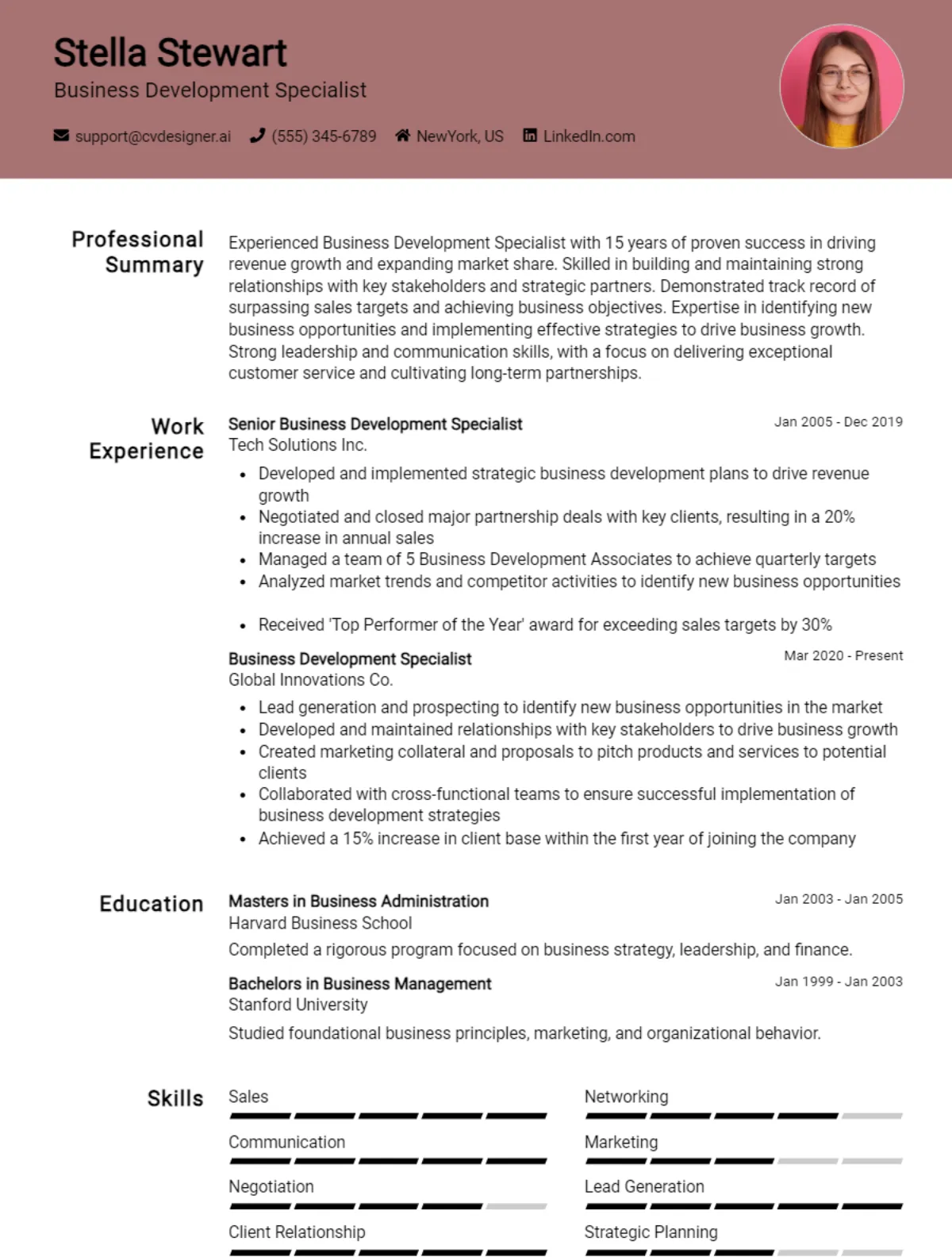 Business Development Specialist CV Example For 2026: Free Professional Templates Preview