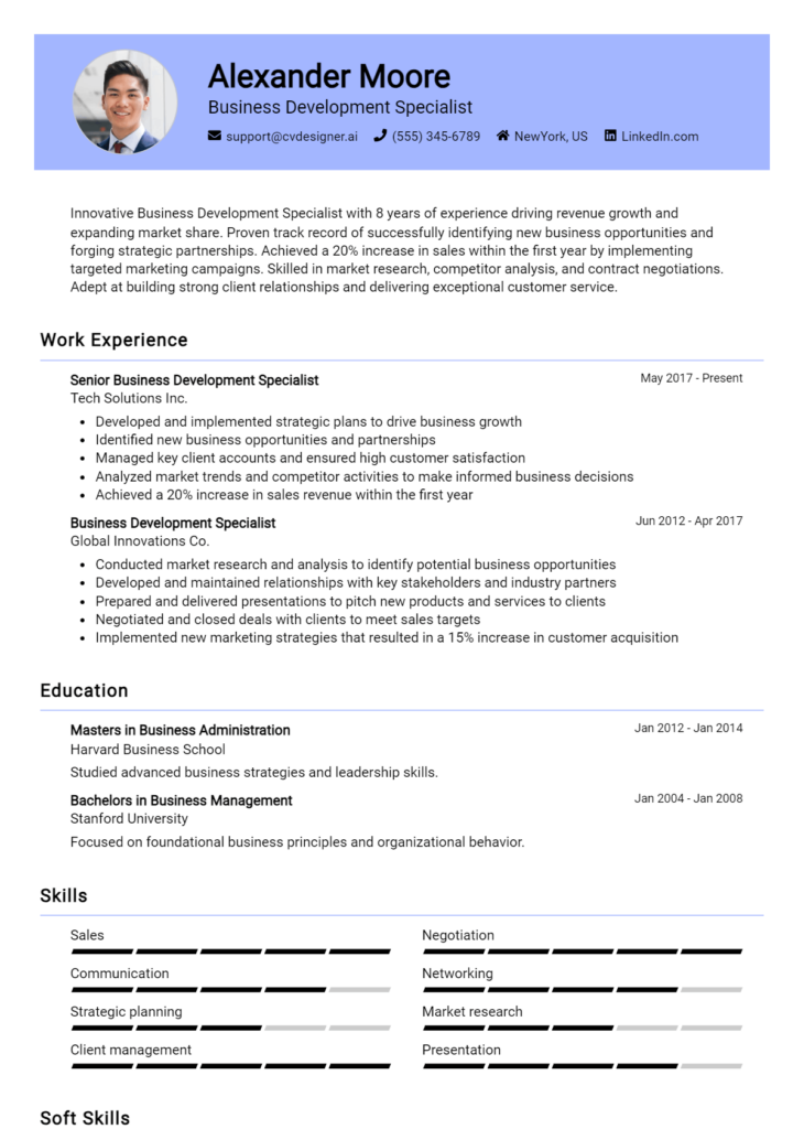Business Development Specialist Resume Example