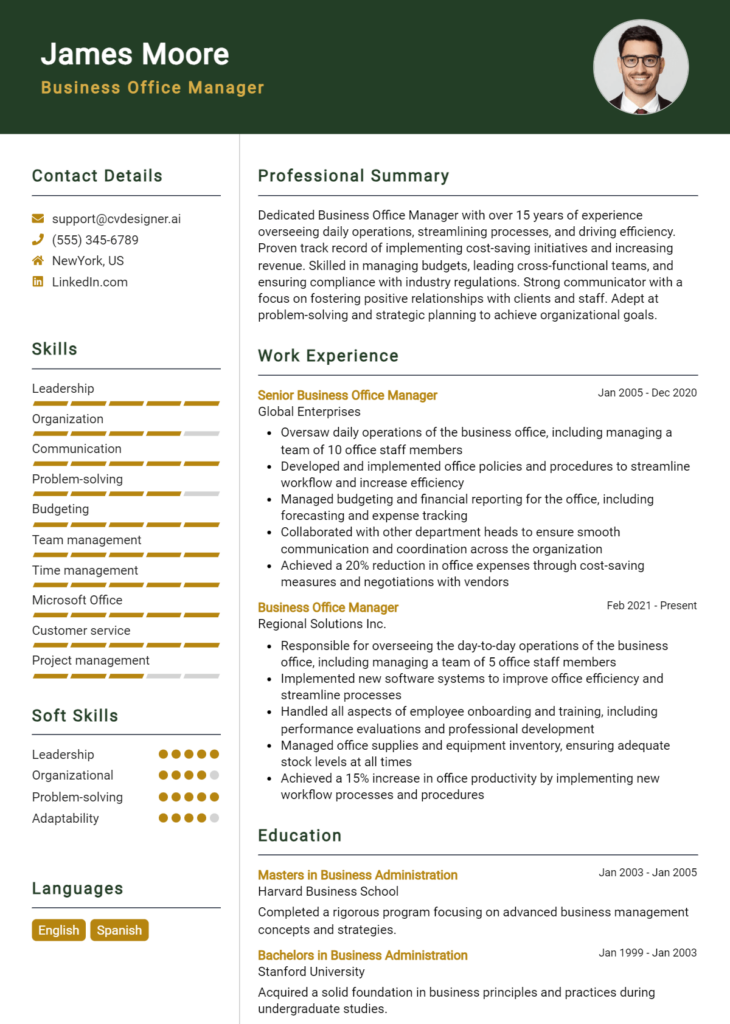 Business Office Manager Resume Example