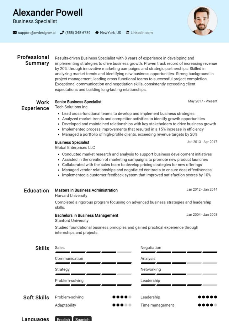 Business Specialist Resume Example