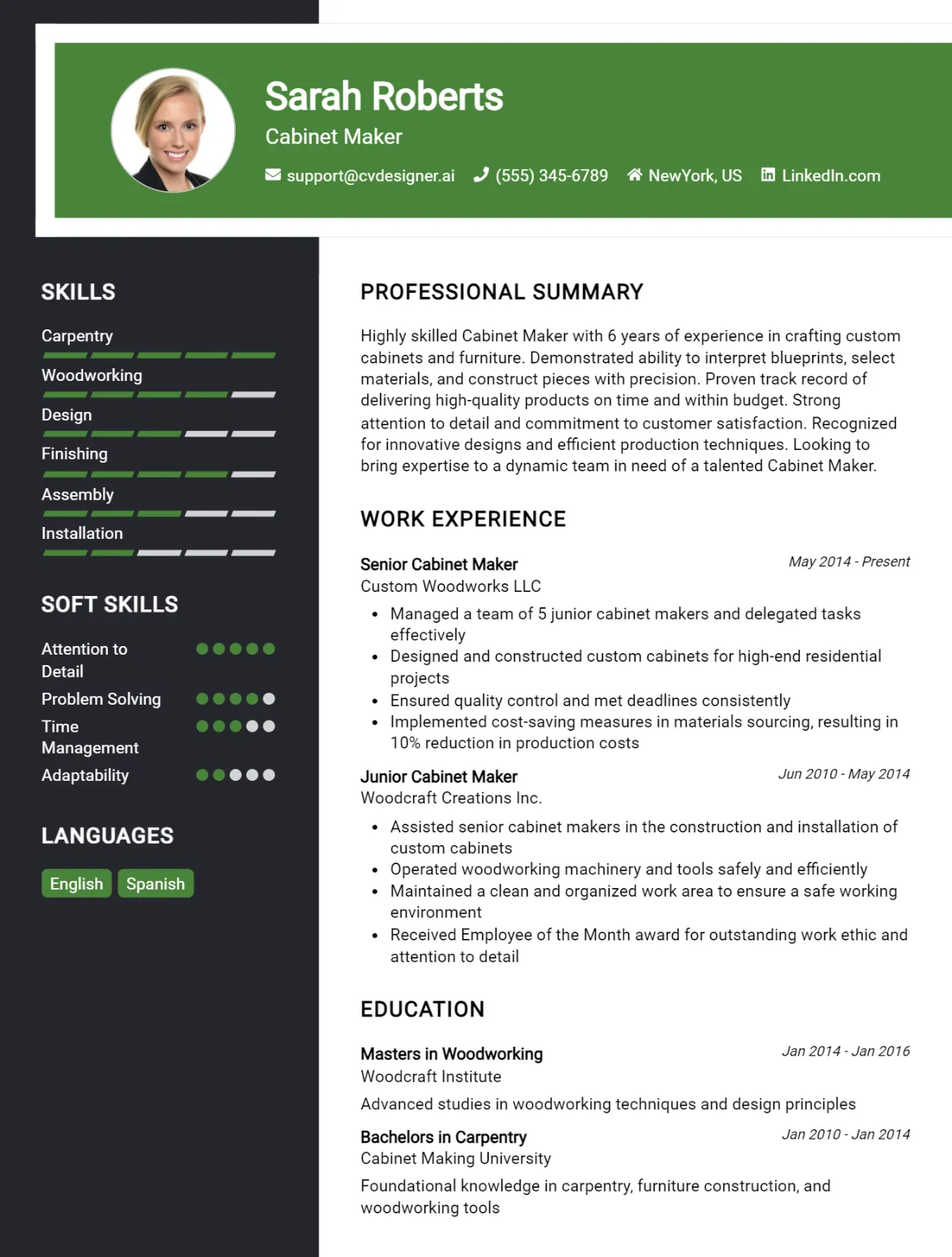 Cabinet Maker CV Example For 2026: Professional CV Templates Preview