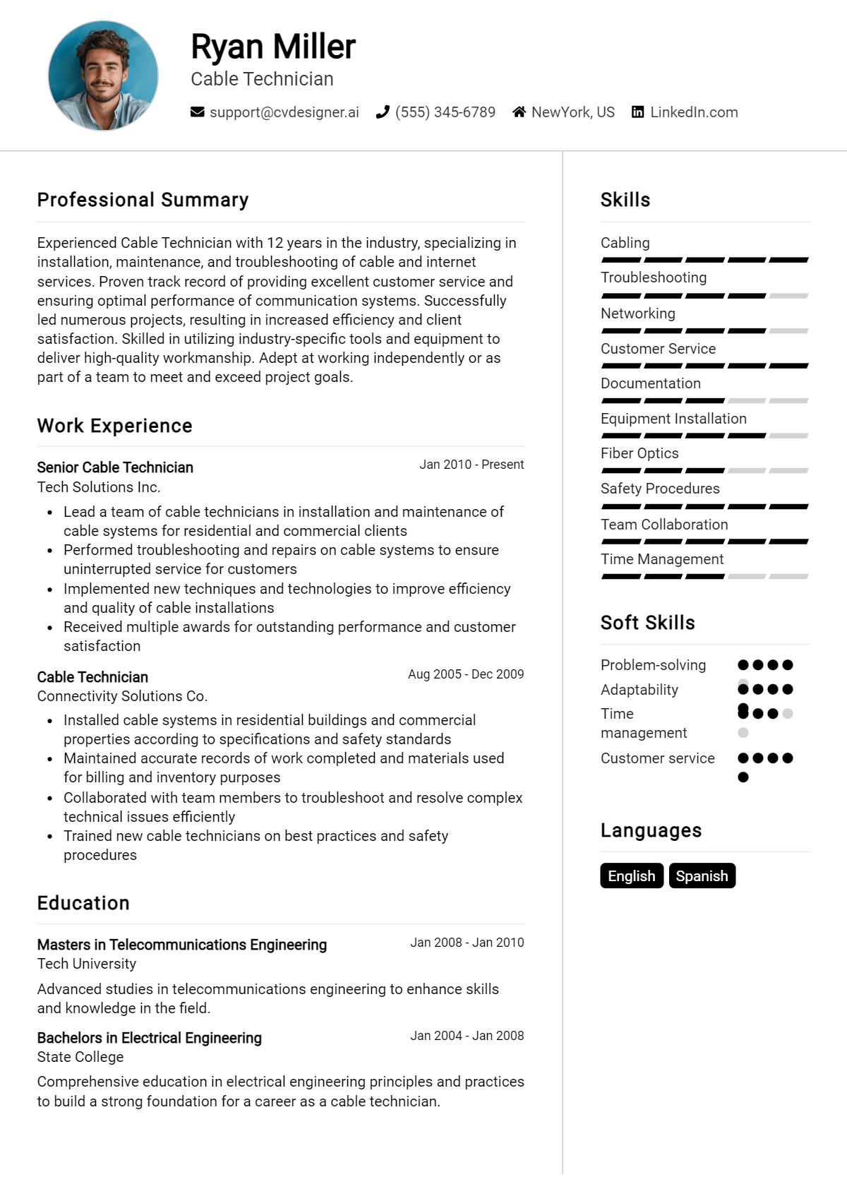 16 Cable Technician Resume Examples for 2026: Tips & Templates Preview