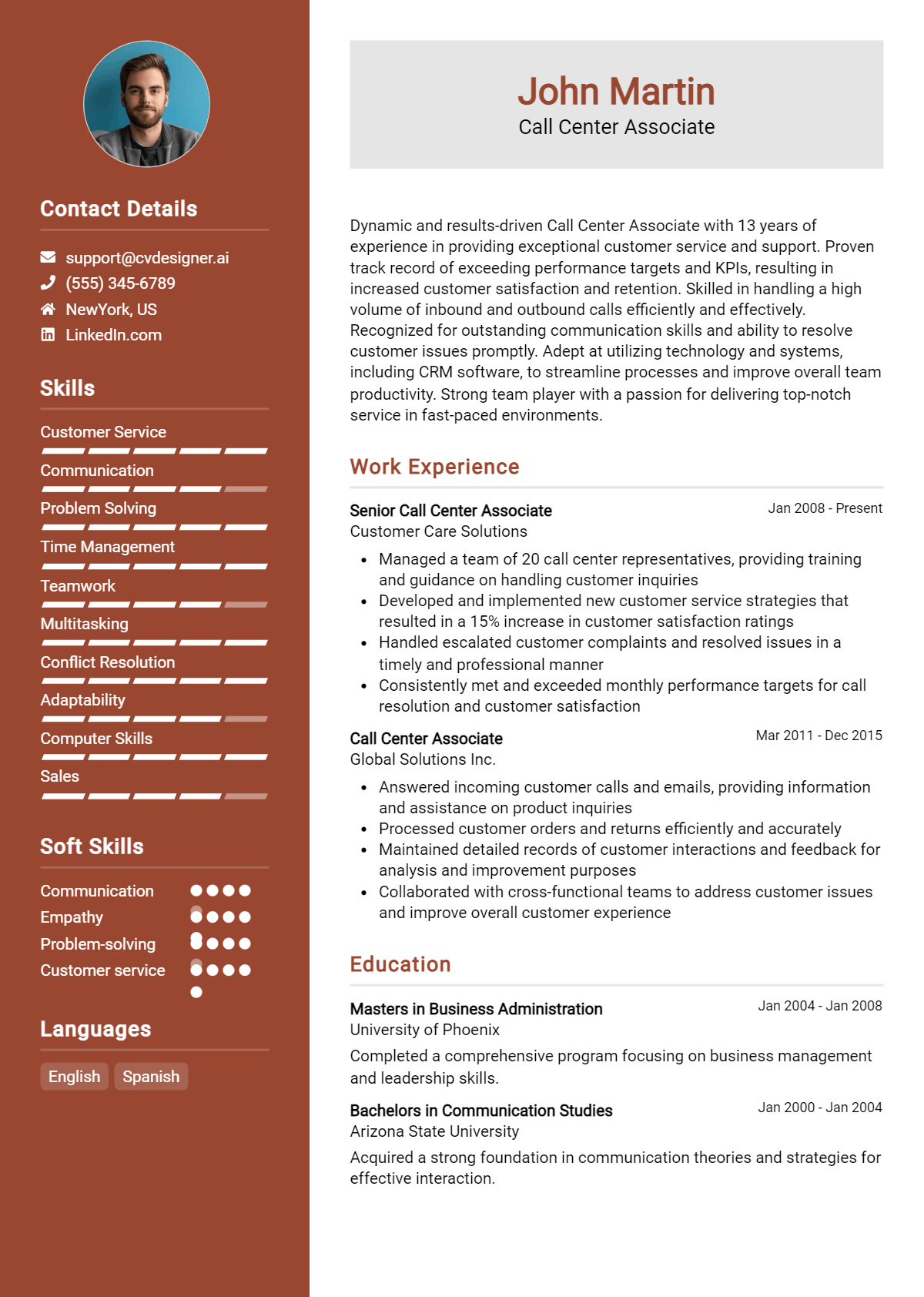 Call Center Associate Resume Example for 2026: Free Professional Templates Preview