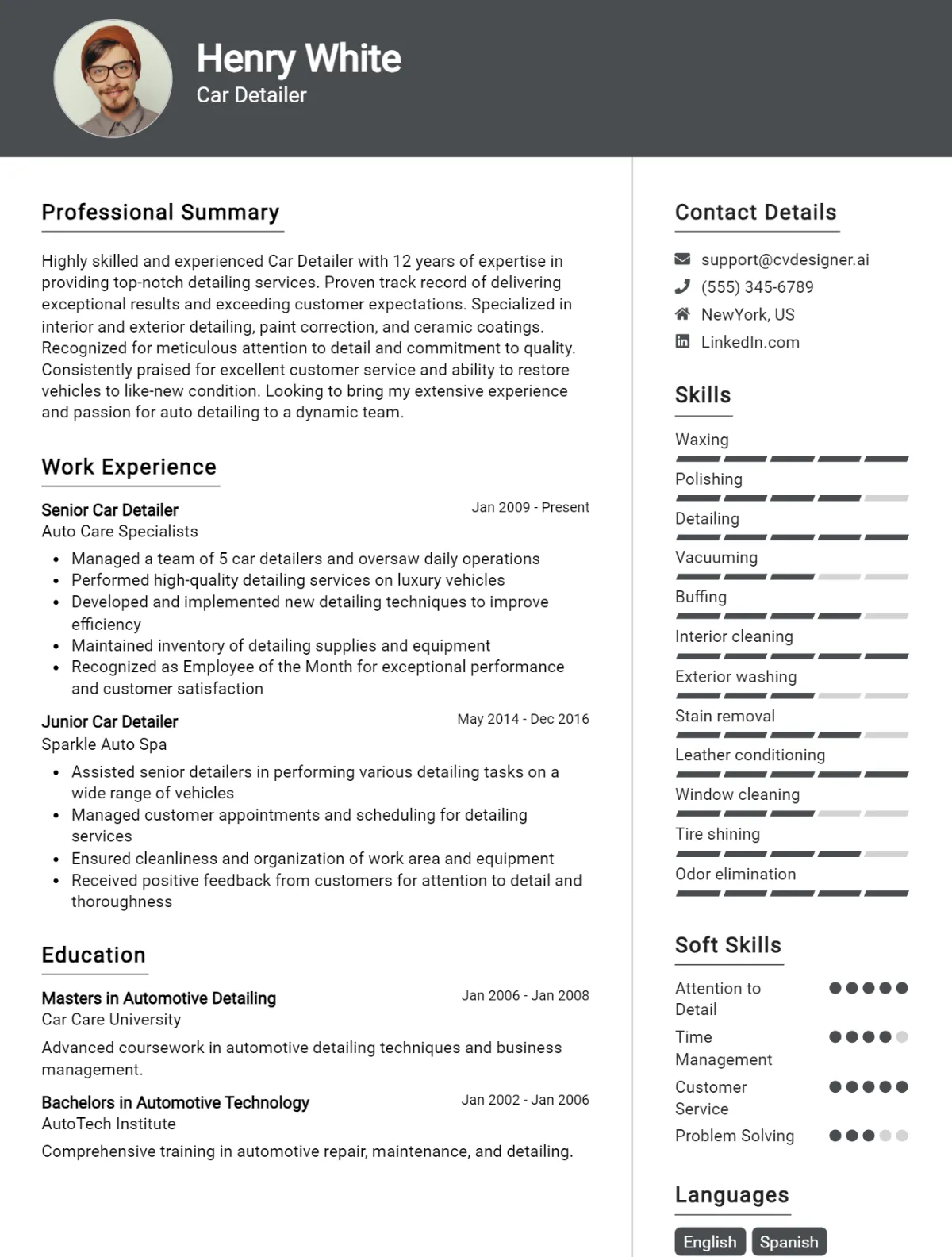 Car Detailer CV Example For 2026: Top CV Skills Preview