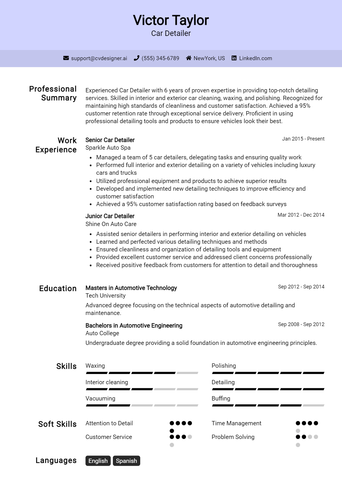 Car Detailer Resume Example for 2026: Top CV Skills Preview