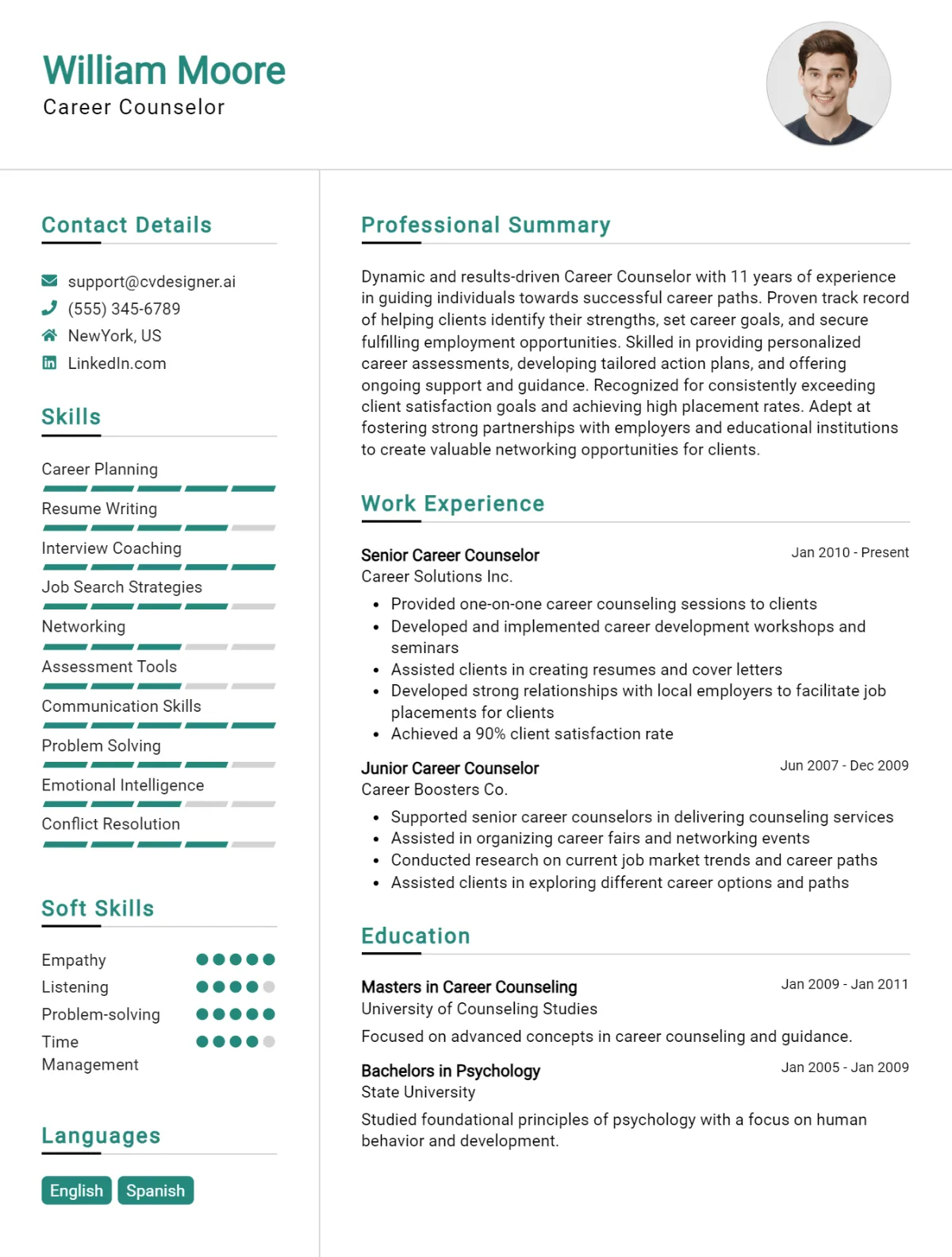 Career Counselor CV Example For 2026: Free Professional Templates Preview