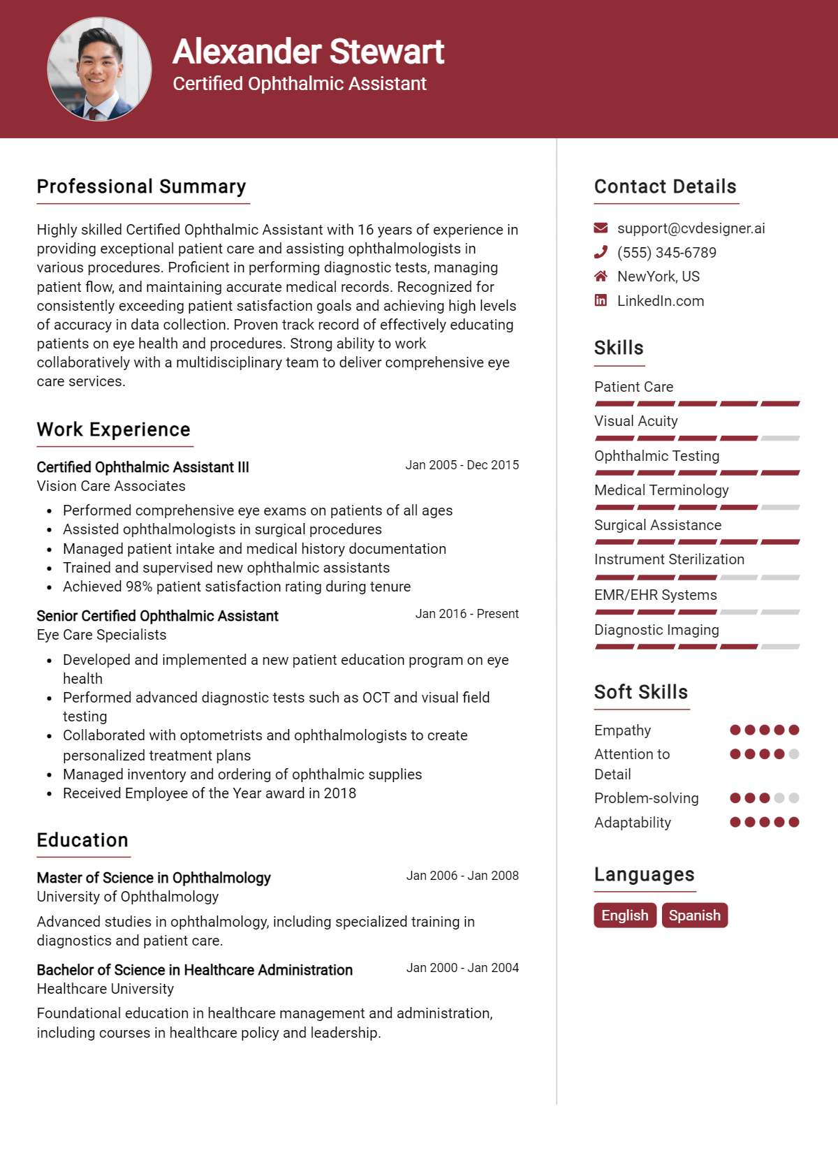 Certified Ophthalmic Assistant Resume Example for 2026: Free Professional Templates Preview