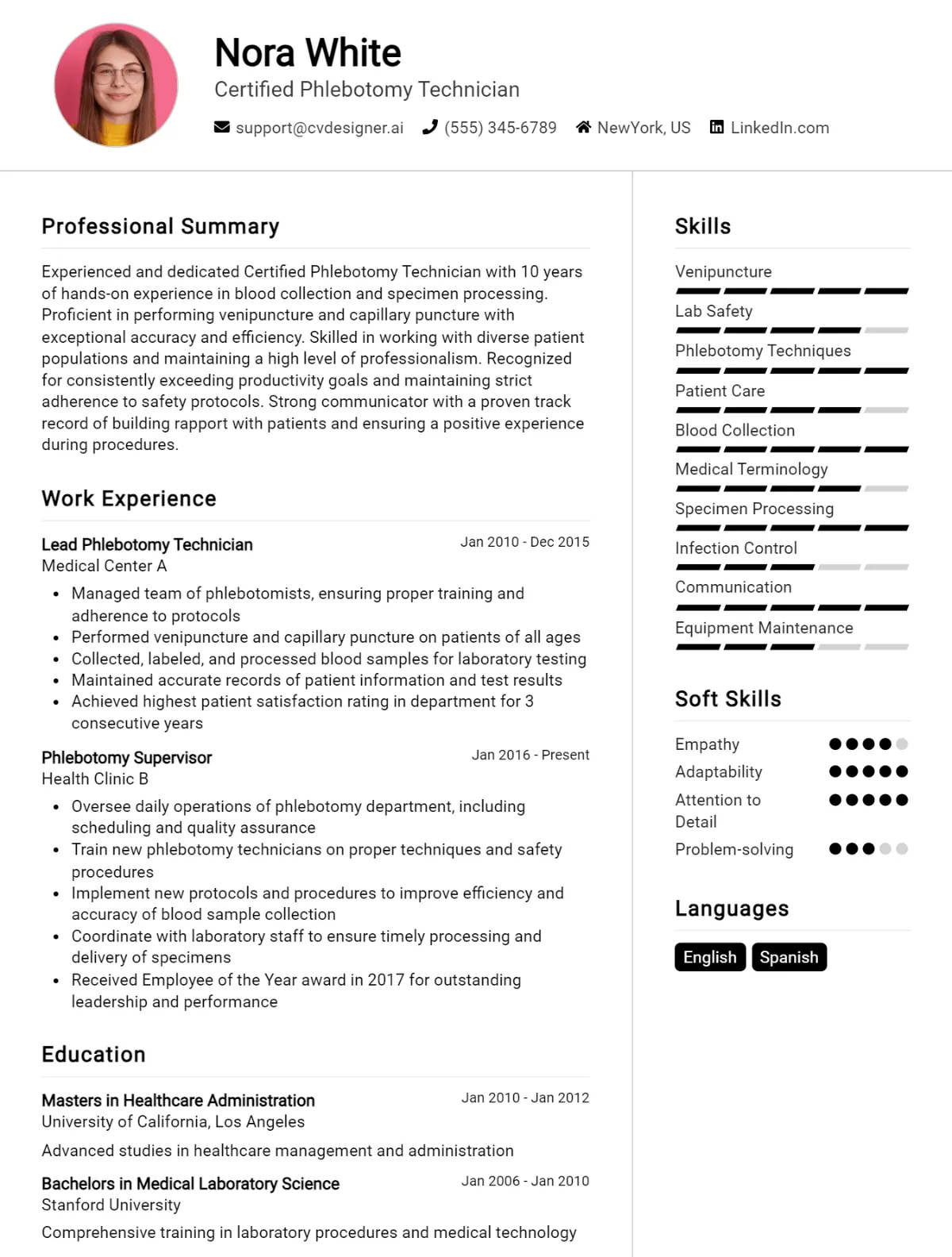 Certified Phlebotomy Technician CV Example For 2026: Free Downloadable Templates Preview