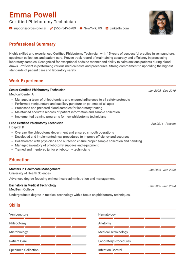 Certified Phlebotomy Technician Resume Example