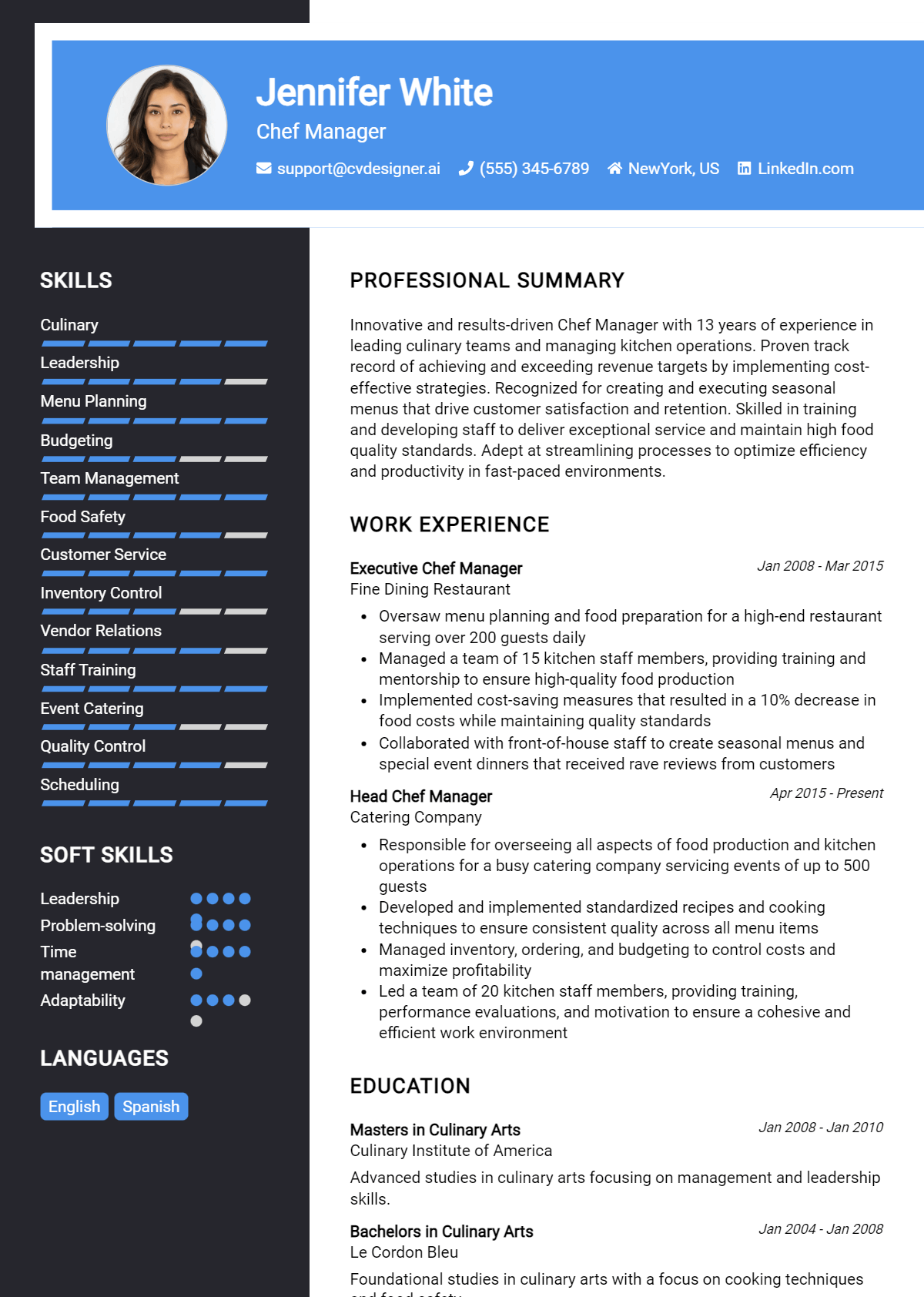 Chef Manager Resume Example for 2026: Top CV Skills Preview