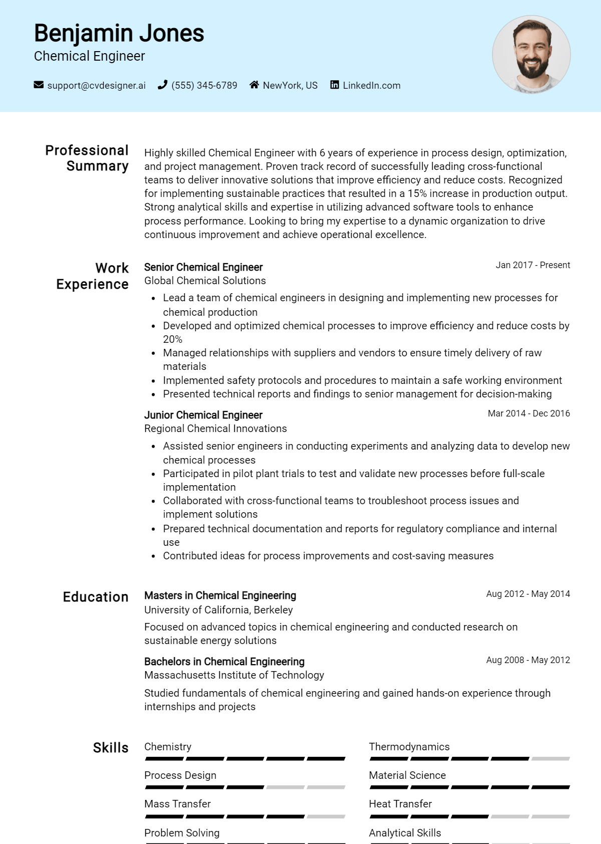 Chemical Engineer Resume Example for 2026: Examples & Free Templates Preview