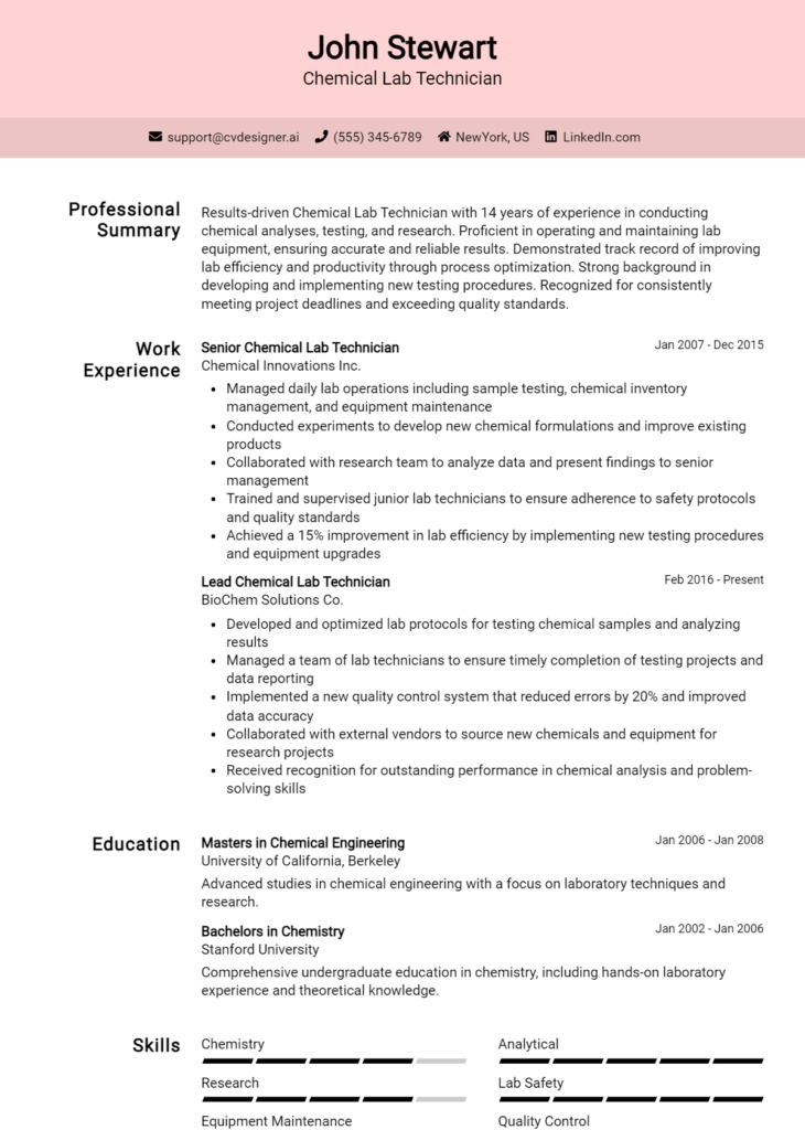 Chemical Lab Technician Resume Example