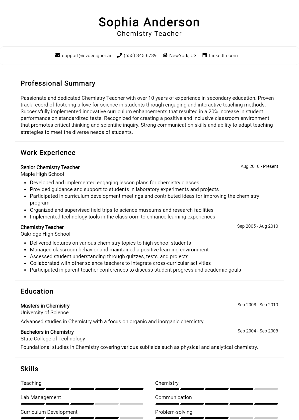 Chemistry Teacher Resume Example for 2026: Top CV Skills Preview
