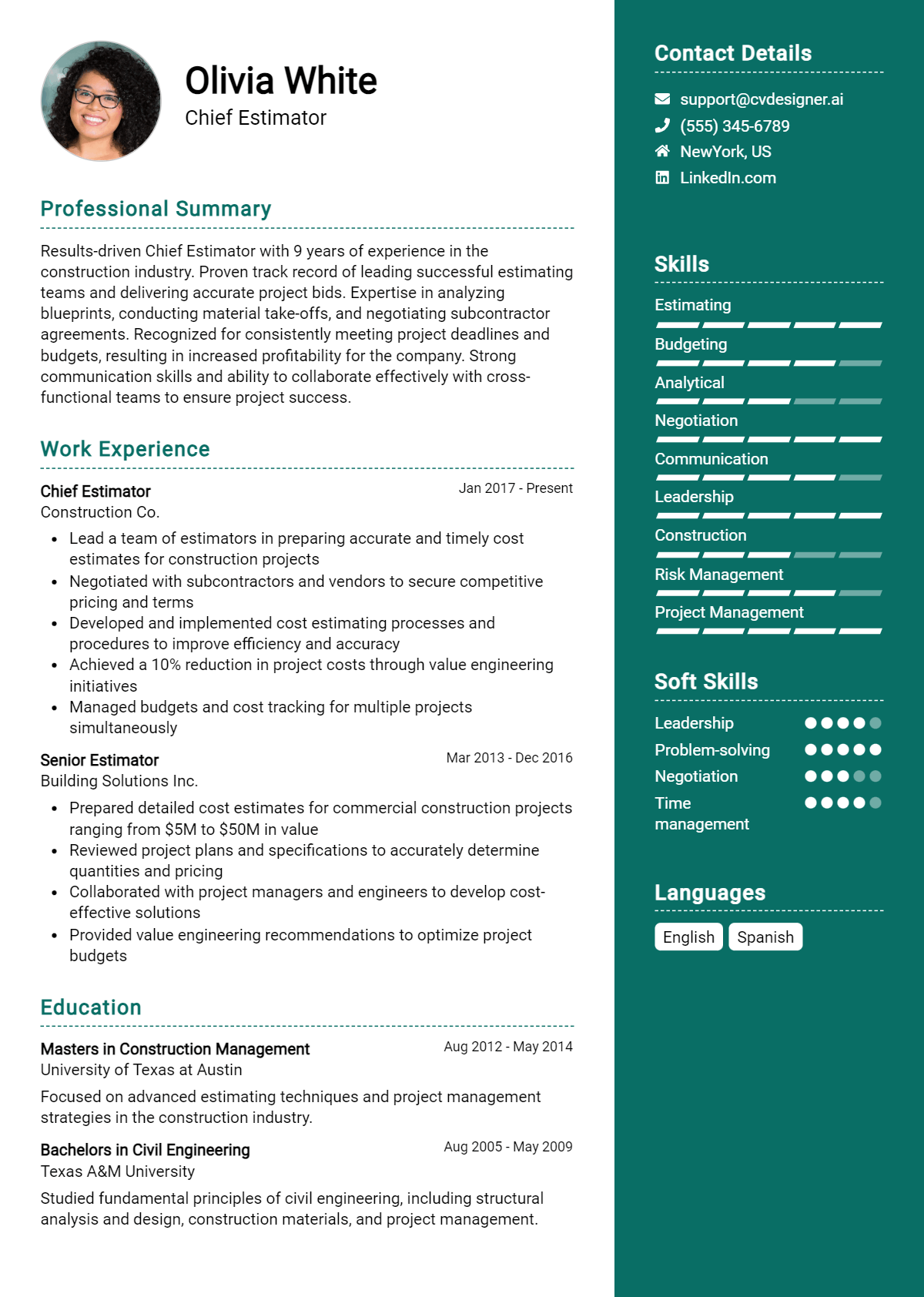 Chief Estimator Resume Example for 2026: Free Professional Templates Preview