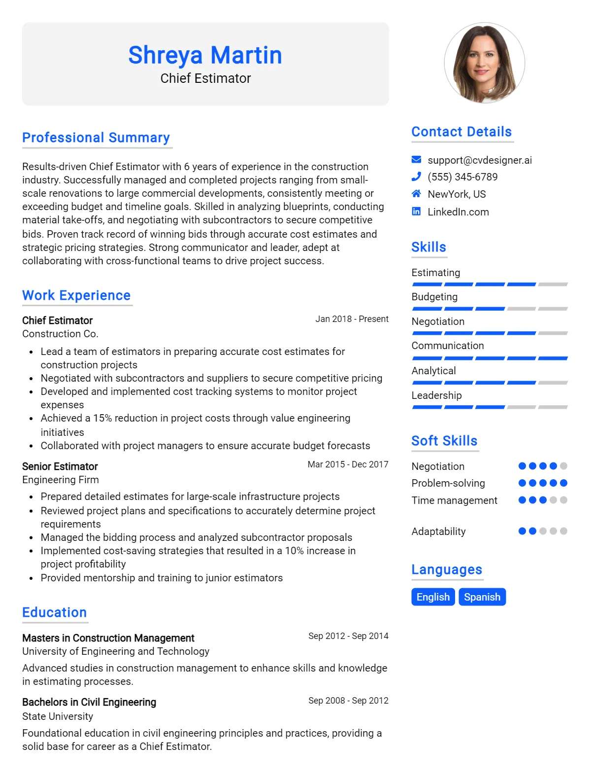 Chief Estimator CV Example For 2026: Examples & Free Templates Preview