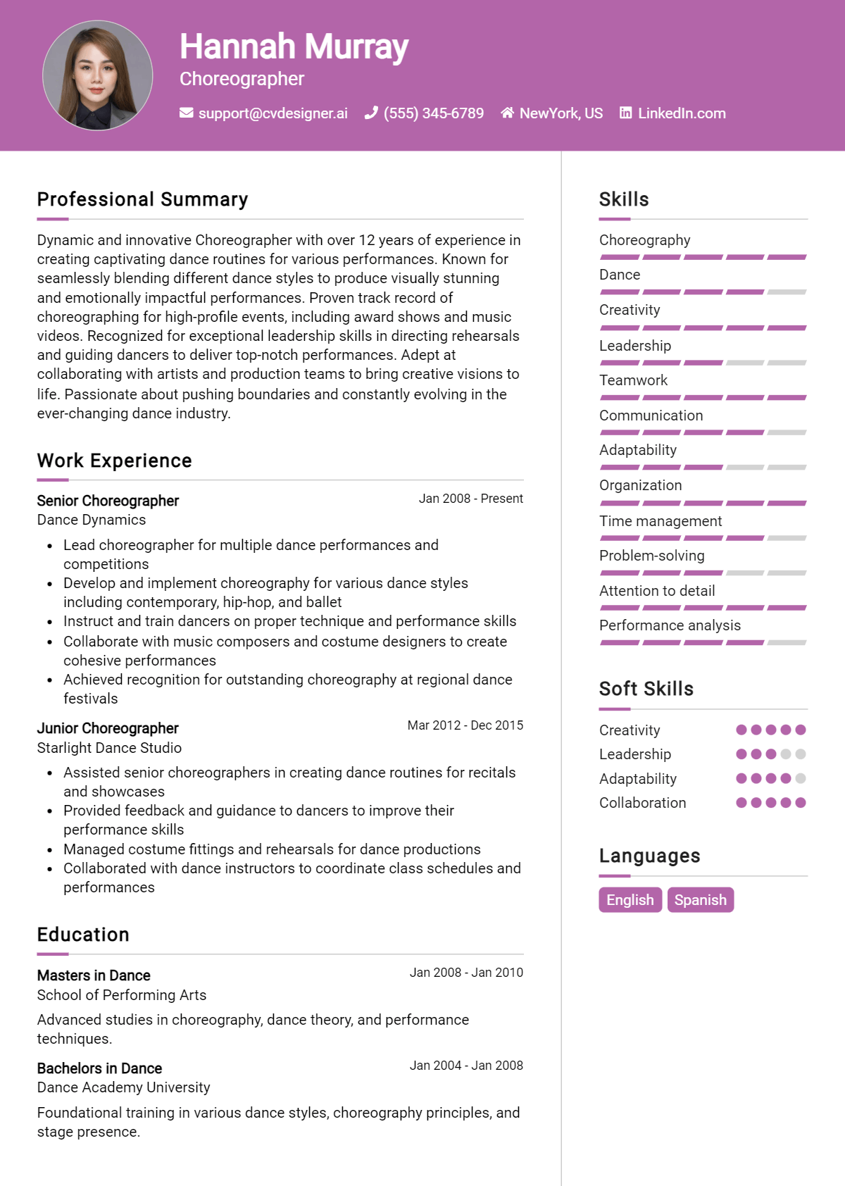 Choreographer Resume Example for 2026: Best Writing Guide Preview