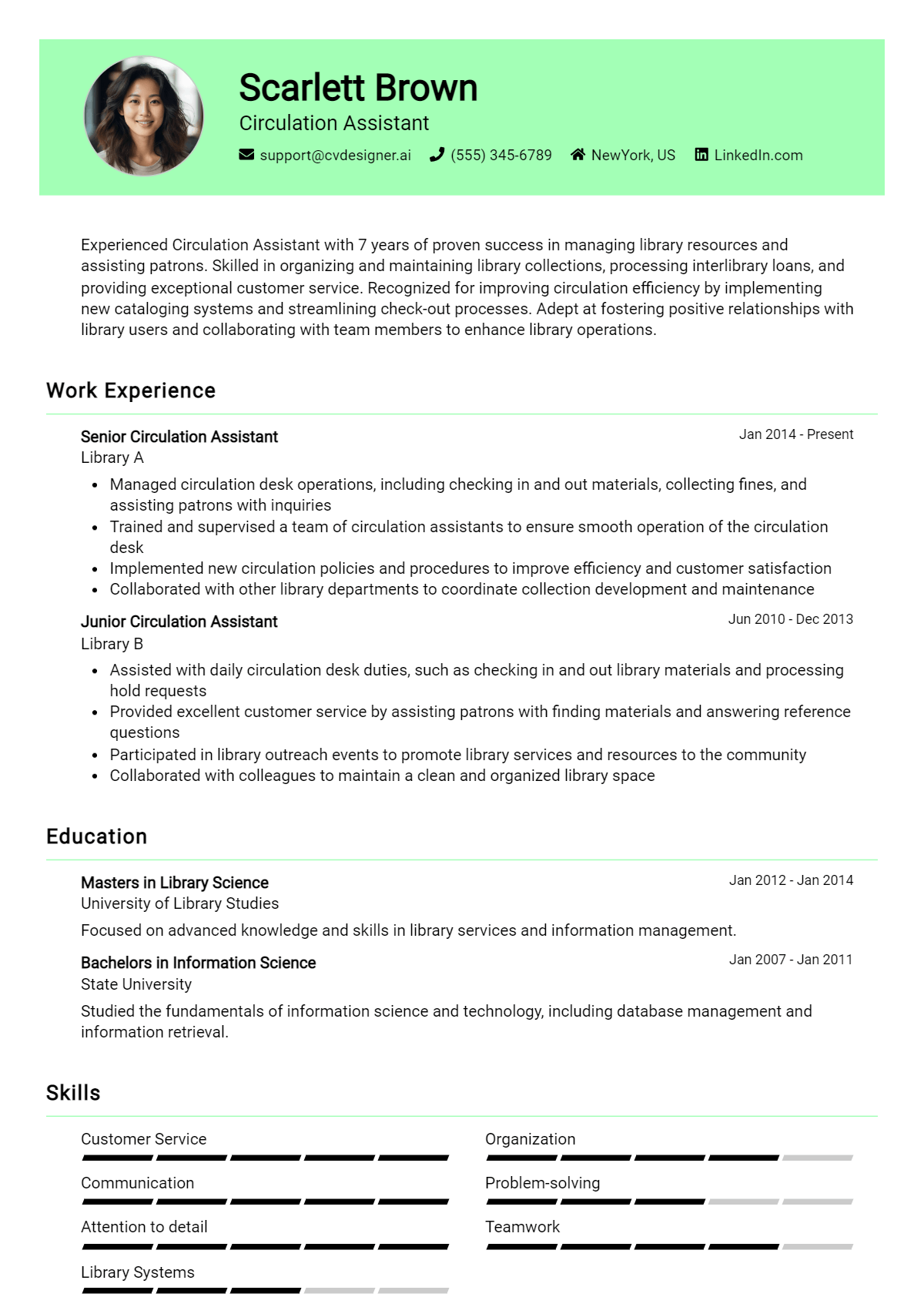 Circulation Assistant Resume Example for 2026: Free Professional Templates Preview