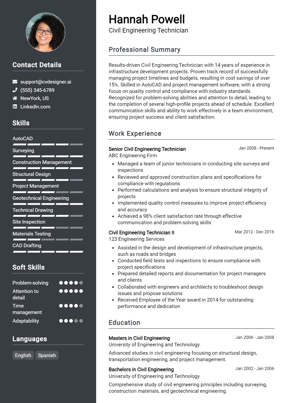 Civil Engineering Technician Resume Example for 2026: Free Professional Templates Preview