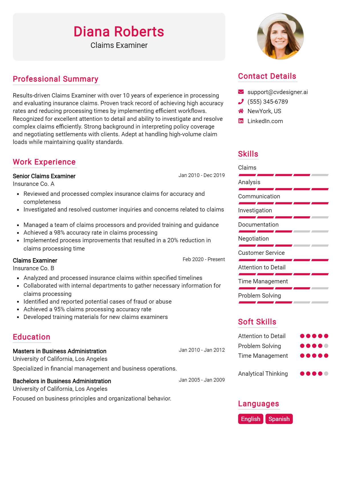 Claims Examiner Resume Example for 2026: Professional CV Templates Preview