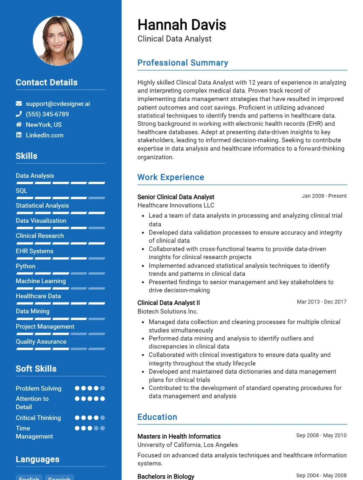 Clinical Data Analyst CV Example For 2026: Free Professional Templates Preview