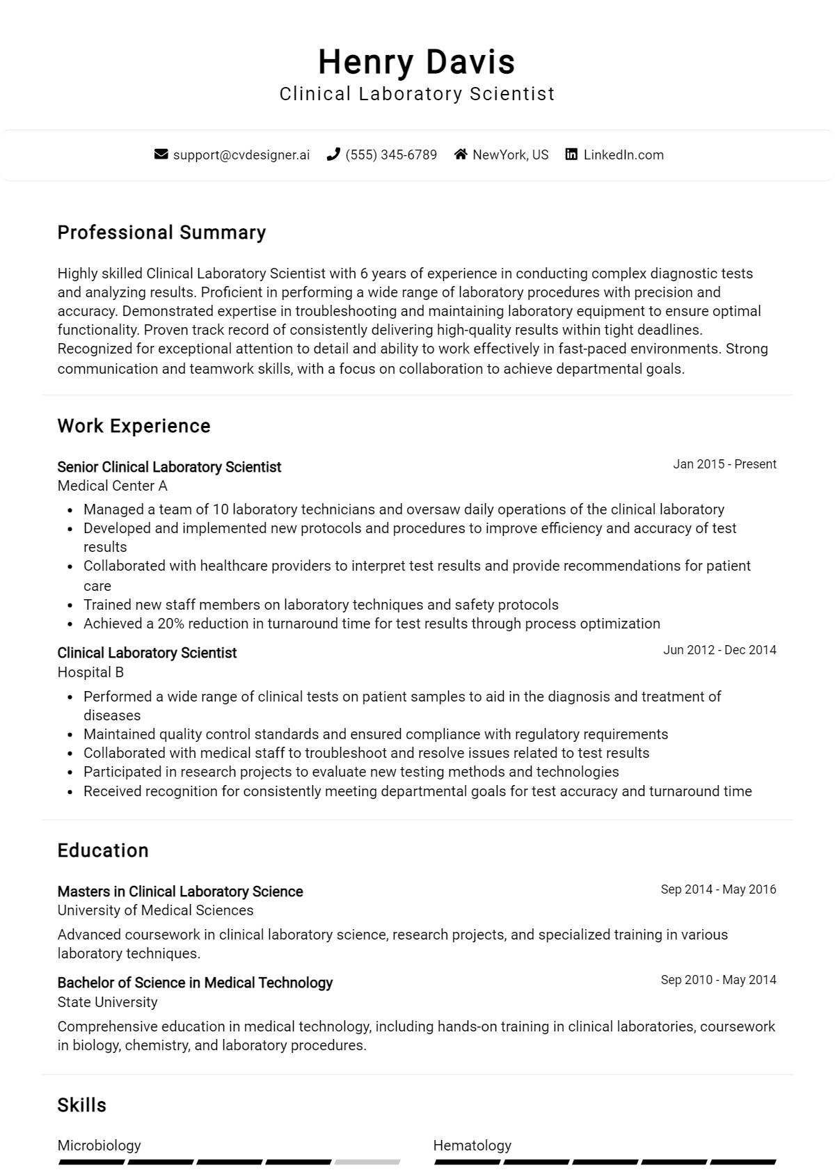 Clinical Laboratory Scientist Resume Example for 2026: Free Professional Templates Preview