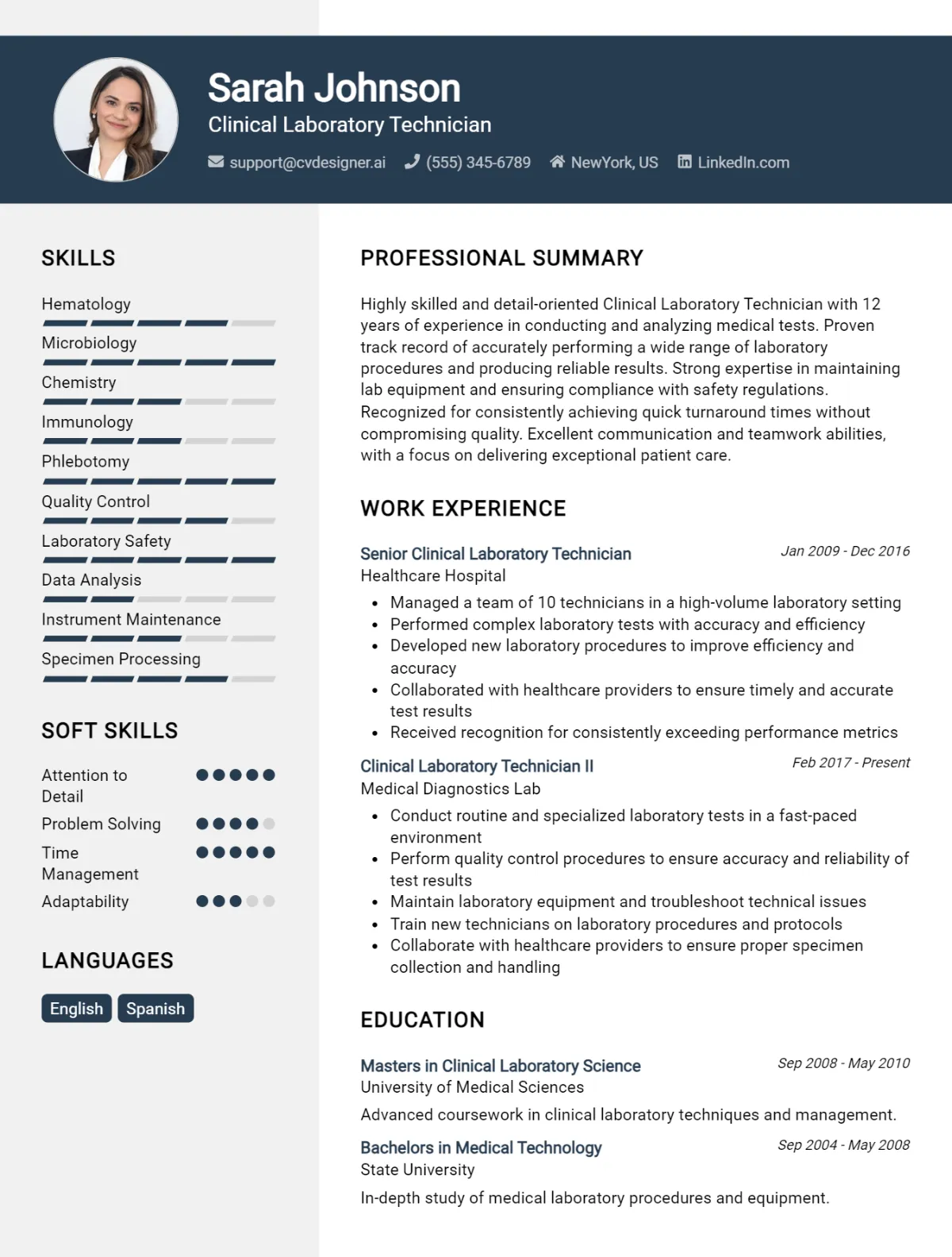 Clinical Laboratory Technician CV Example For 2026: Top CV Skills Preview