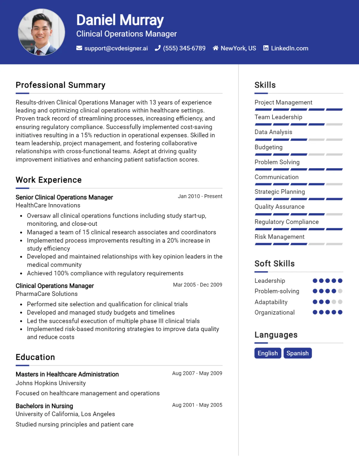 Clinical Operations Manager CV Example For 2026: Free Professional Templates Preview