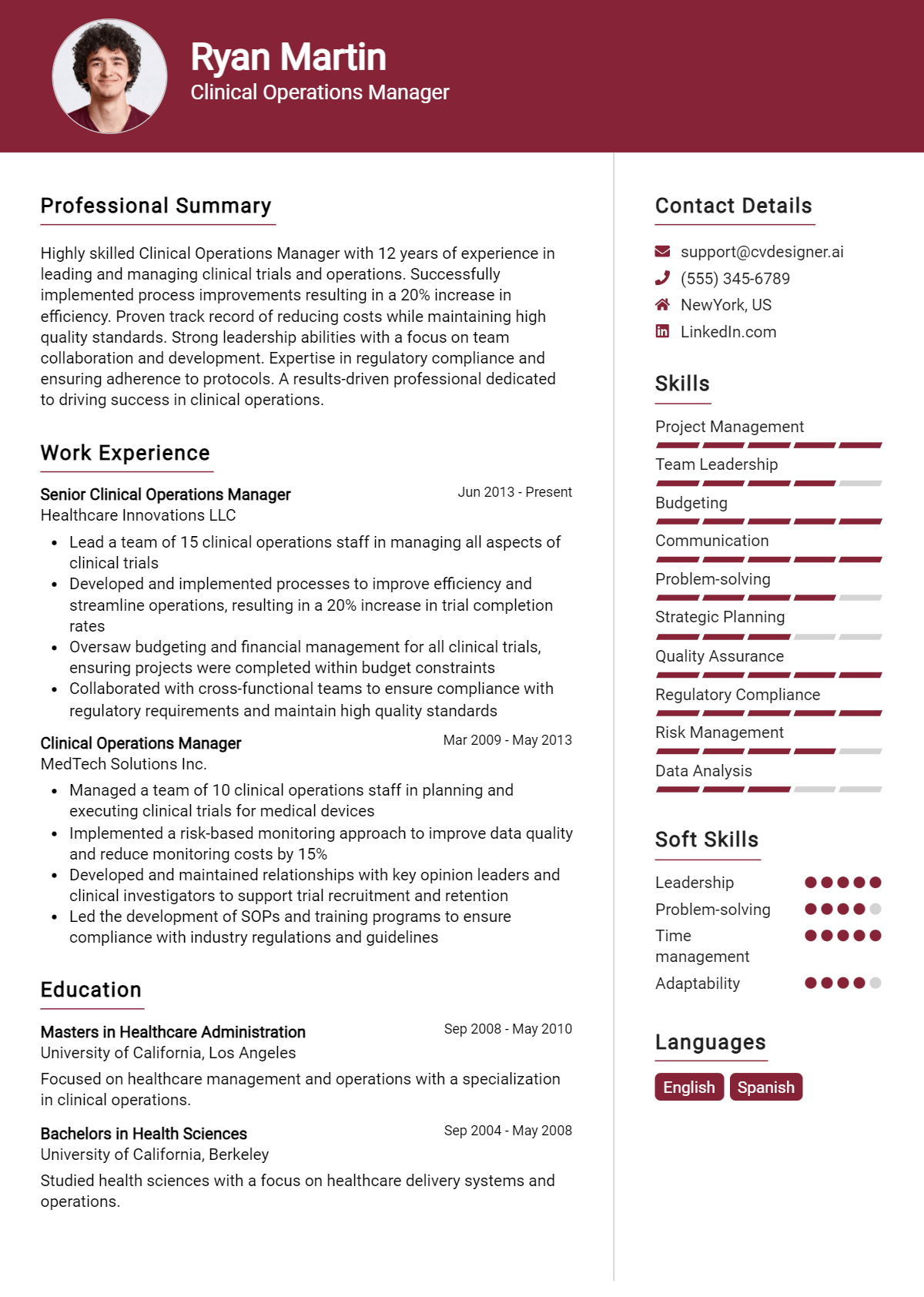 Clinical Operations Manager Resume Example for 2026: Top CV Skills Preview