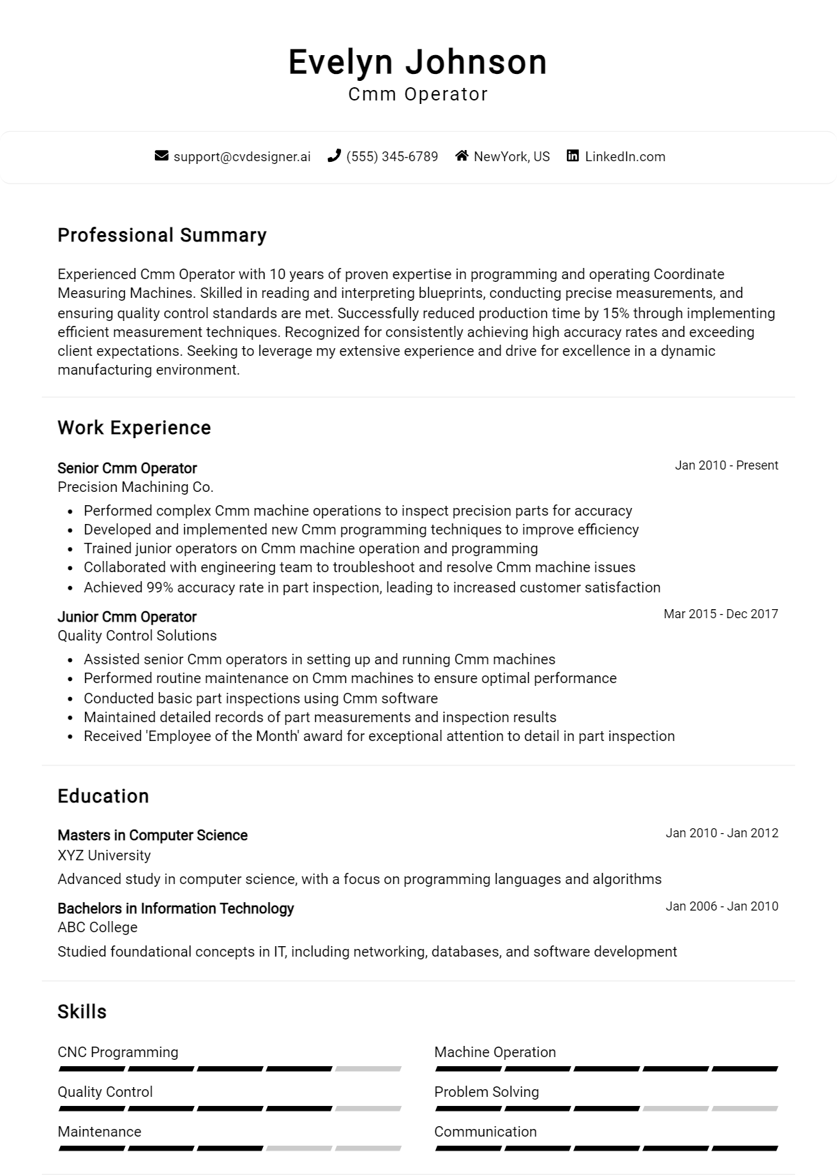 Cmm Operator Resume Example for 2026: Tips & Templates Preview