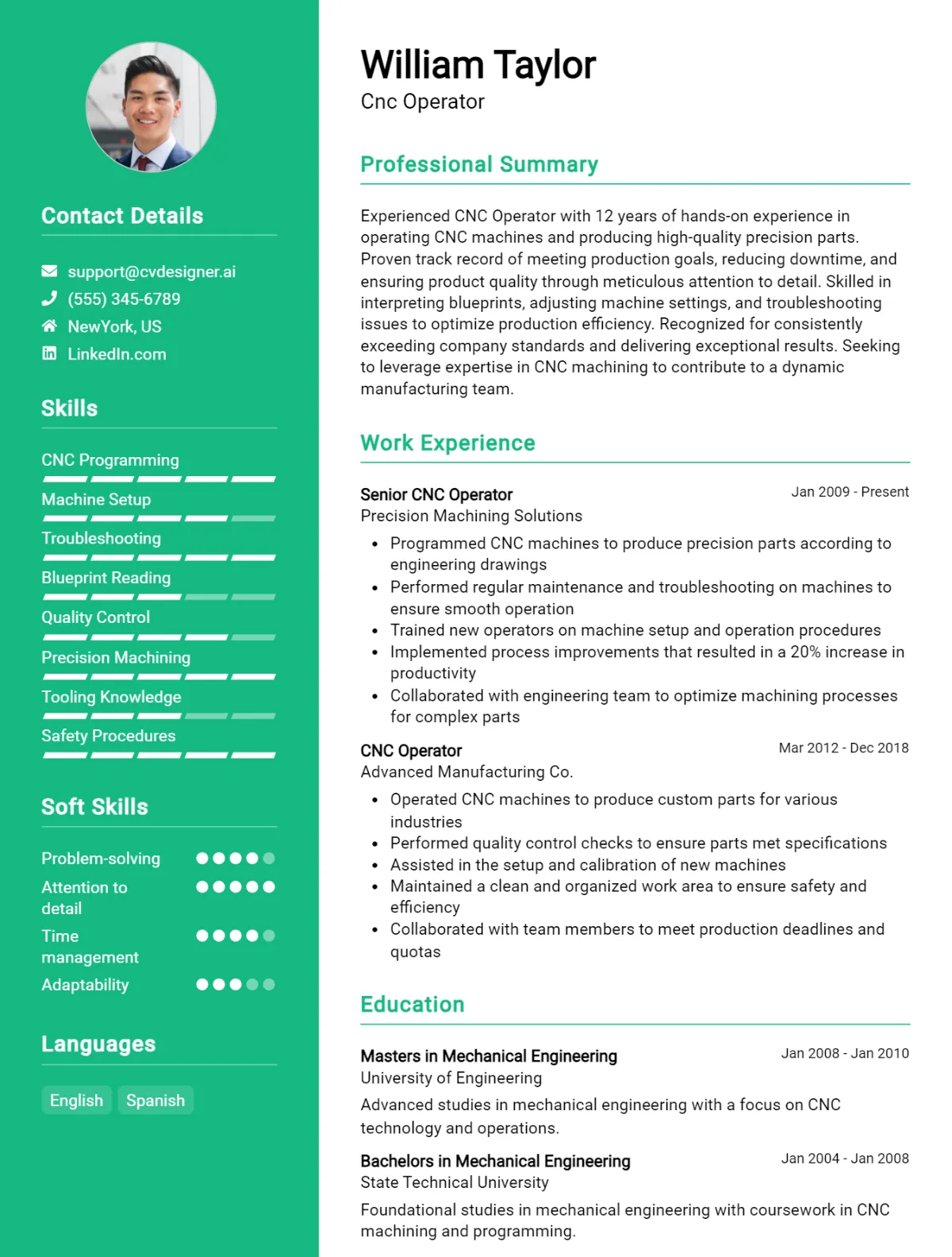 CNC Operator CV Example For 2026: Professional CV Templates Preview