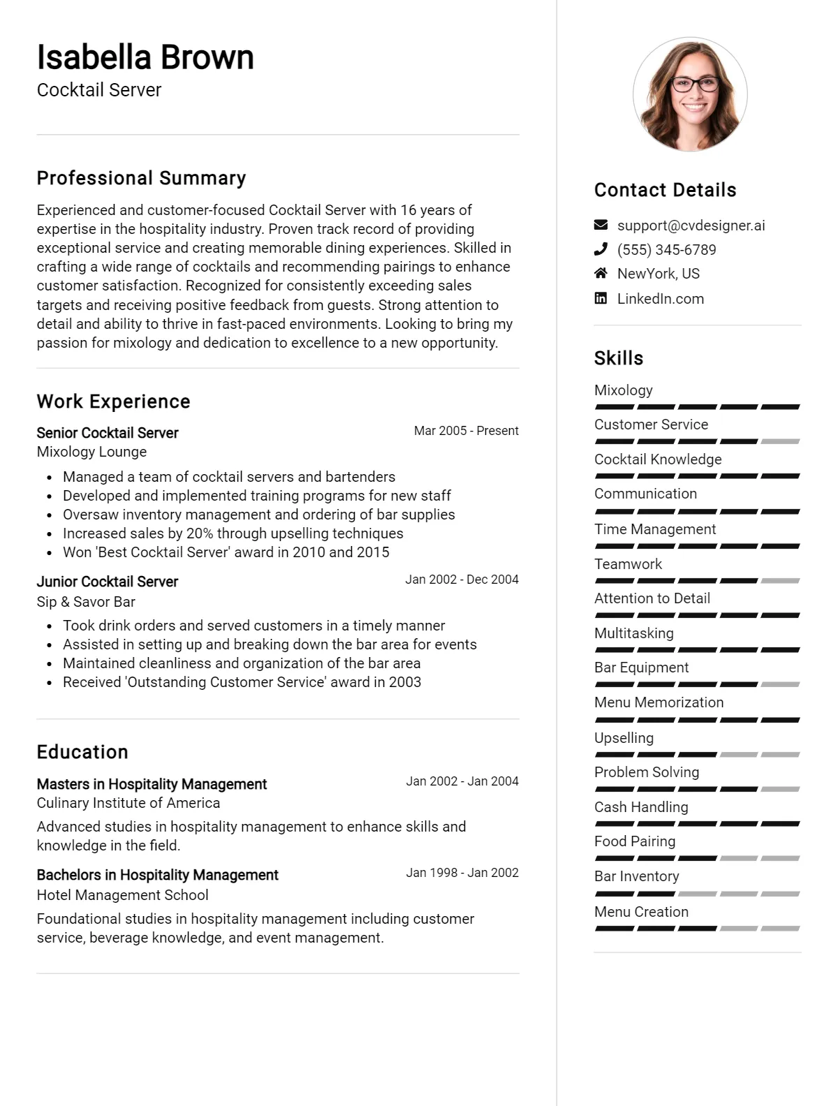 Cocktail Server CV Example For 2026: Free Downloadable Templates Preview