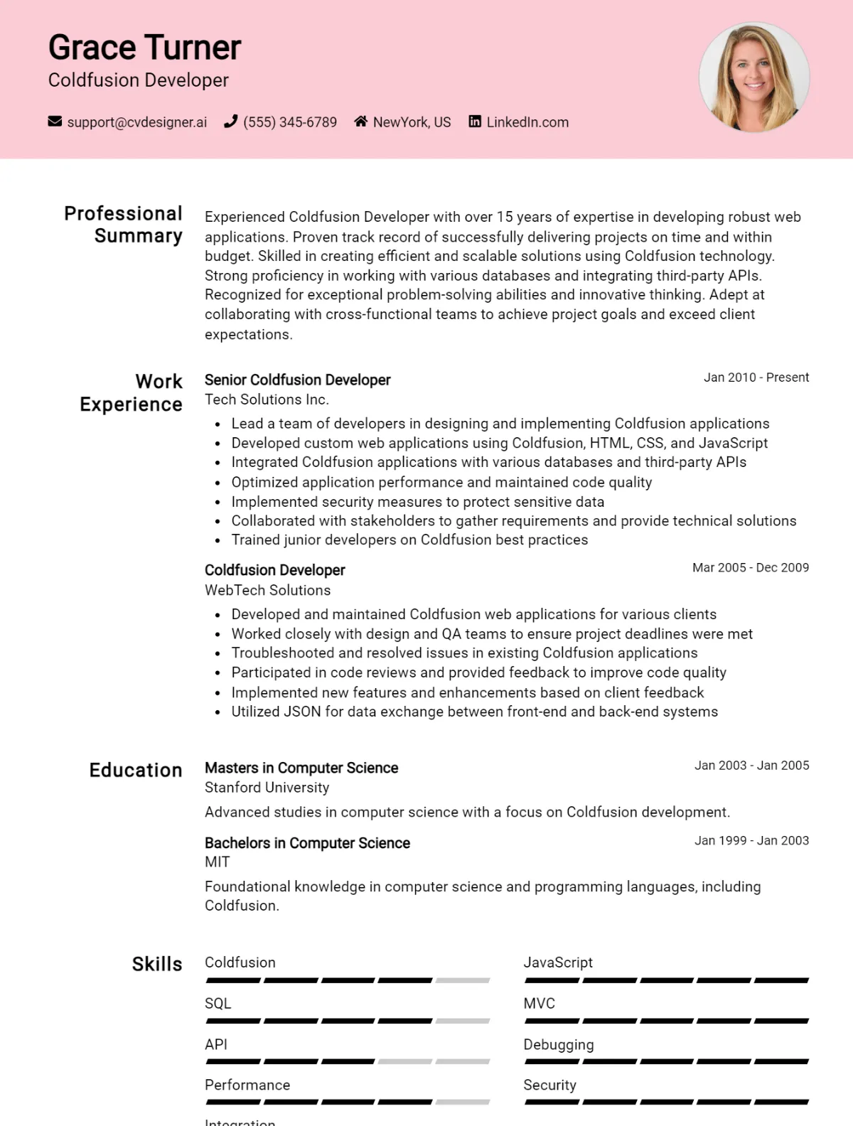 Coldfusion Developer CV Example For 2026: Top CV Skills Preview