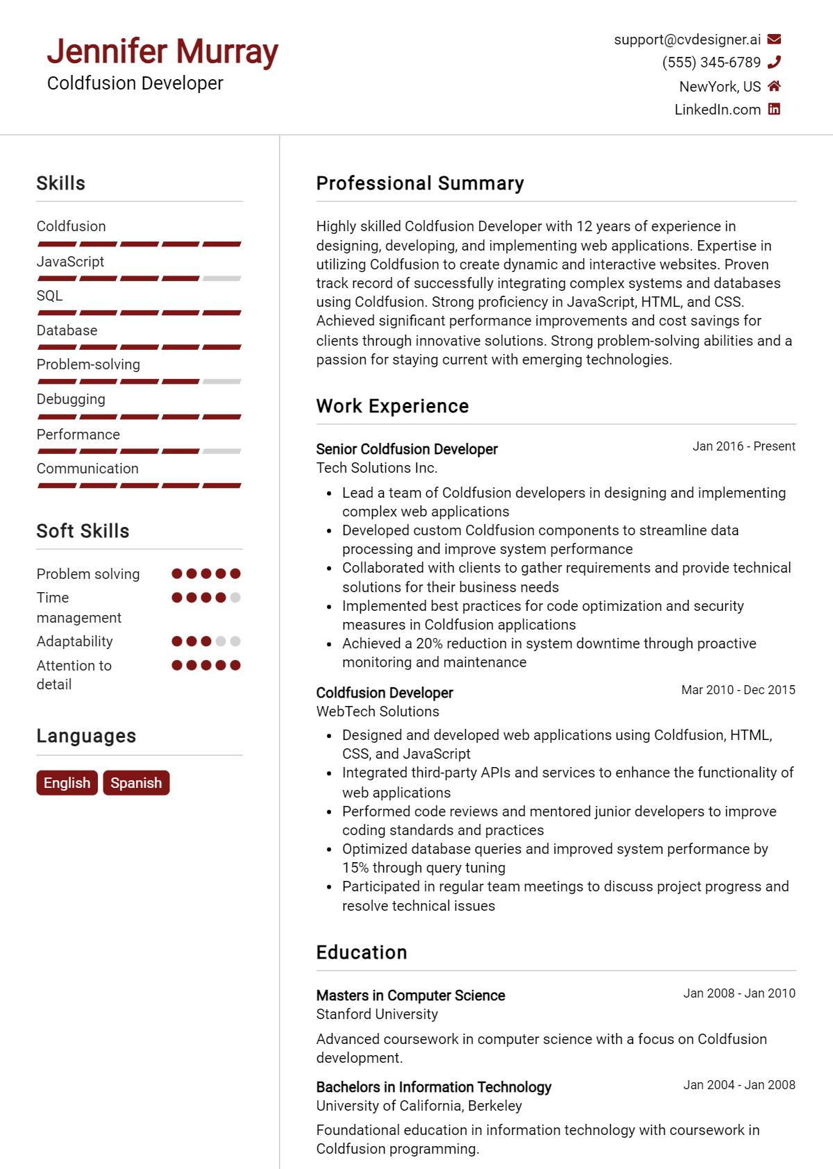 ColdFusion Developer Resume Example for 2026: Best Writing Guide Preview