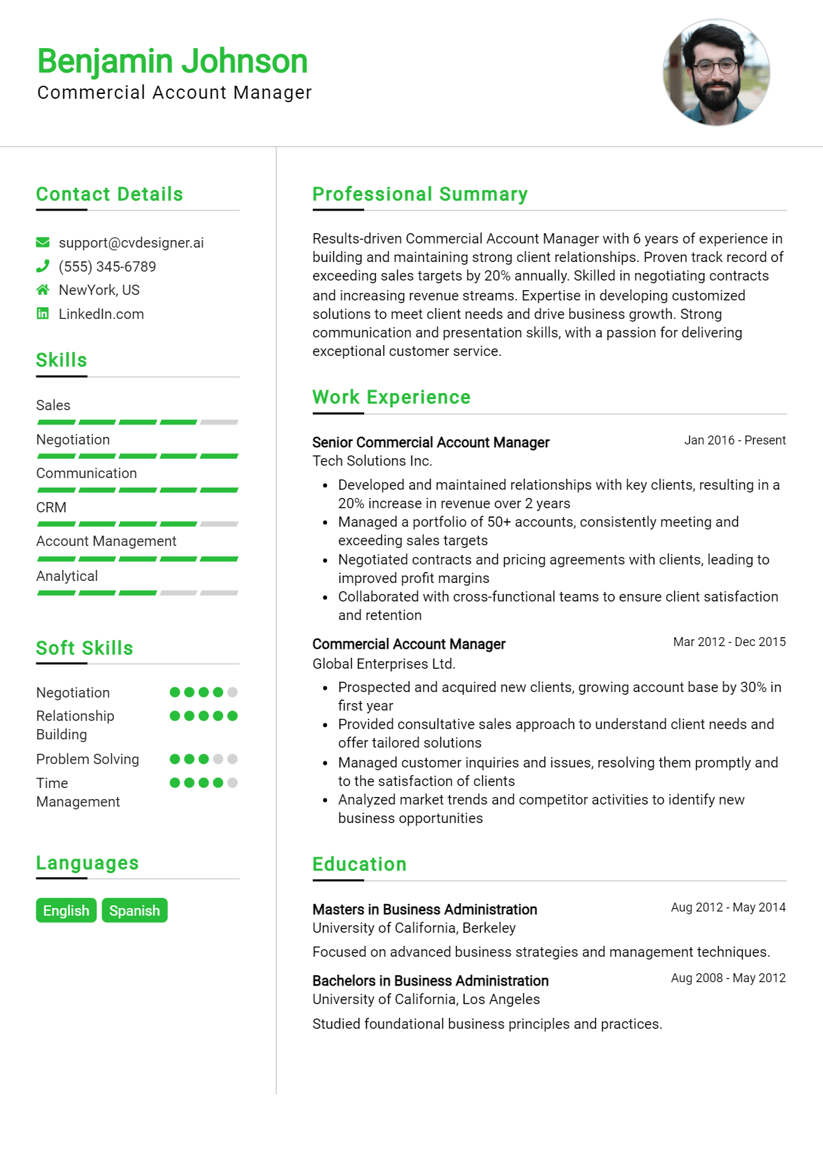 Commercial Account Manager Resume Example for 2026: Top CV Skills Preview