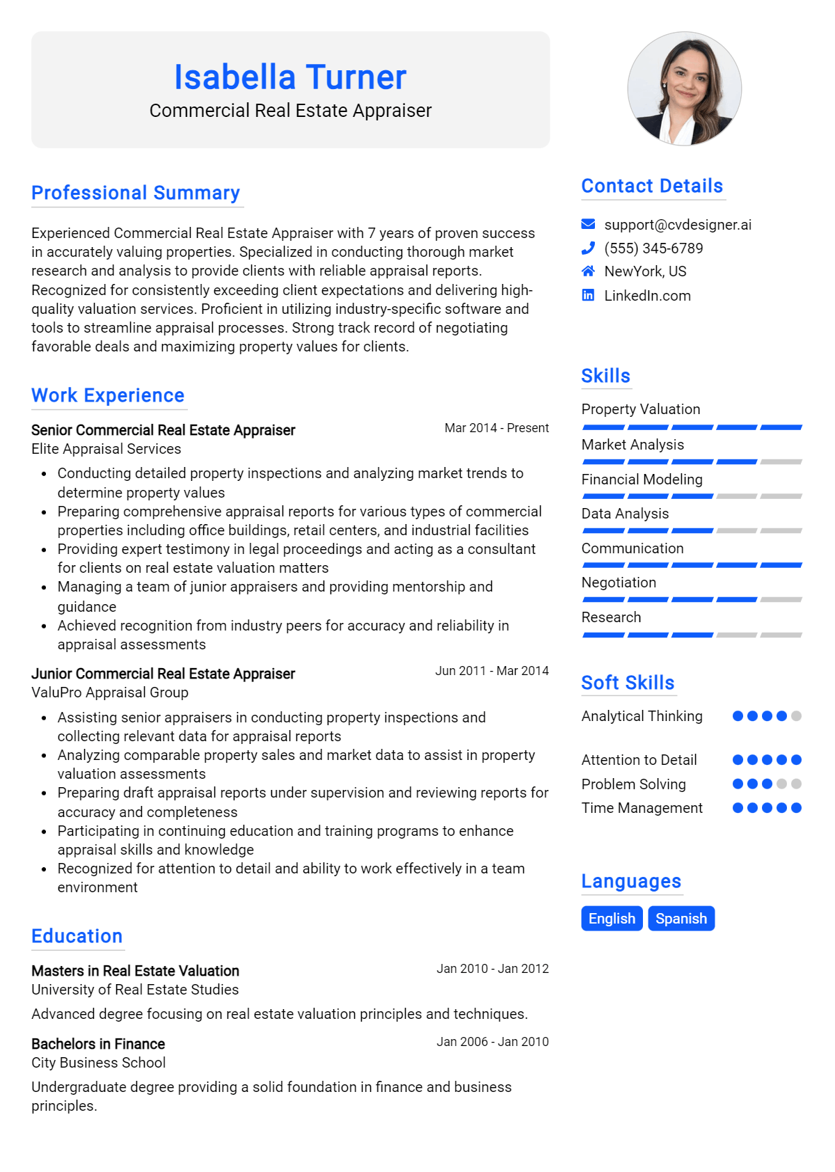 Commercial Real Estate Appraiser Resume Example for 2026: Free Professional Templates Preview